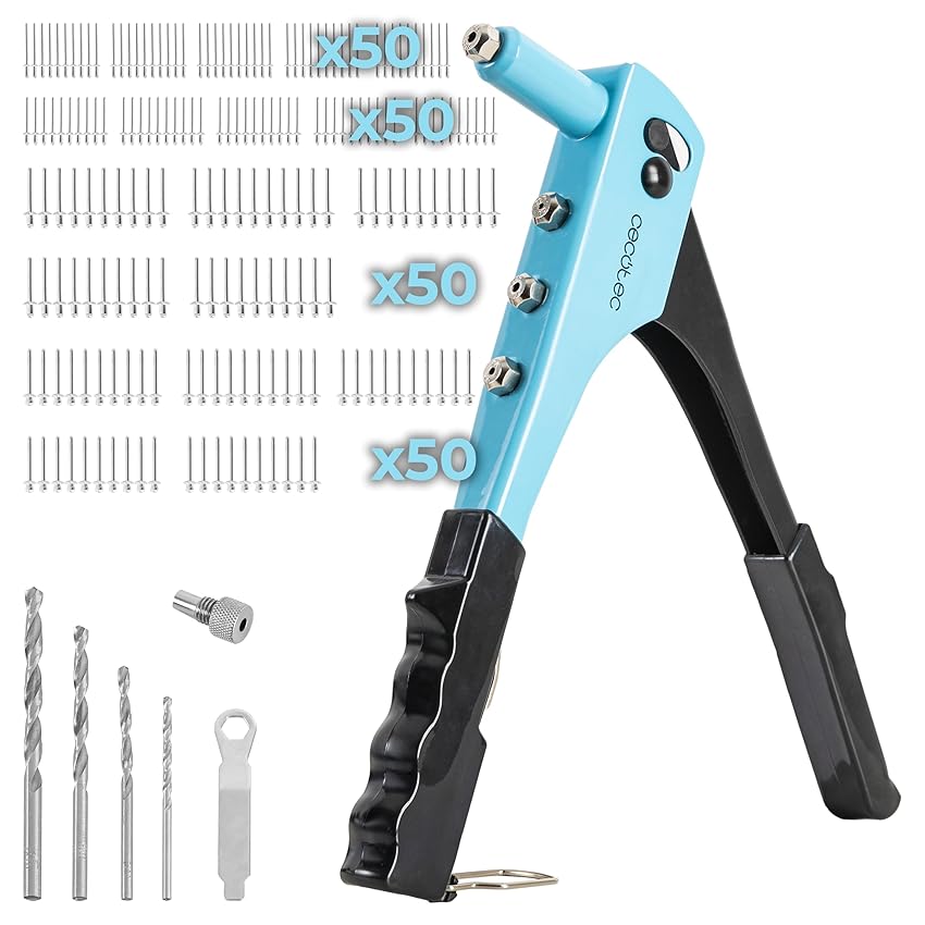 Cecotec FixerForce - Rivettatrice manuale, include 4 ugelli di diverse dimensioni (2,4, 3,2, 4, 4,8 mm) e 4 trapani, 400 rivetti inclusi, chiave di regolazione inclusa