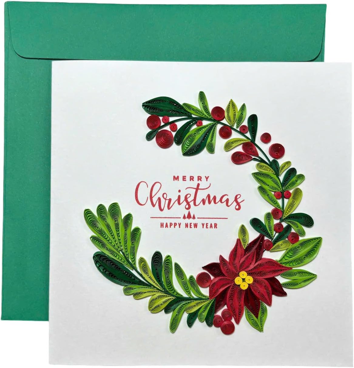 Handcraft 3D Christmas Wreath Quilling Card, Envelope Included, Blank Inside, Xmas Card, Merry Christmas