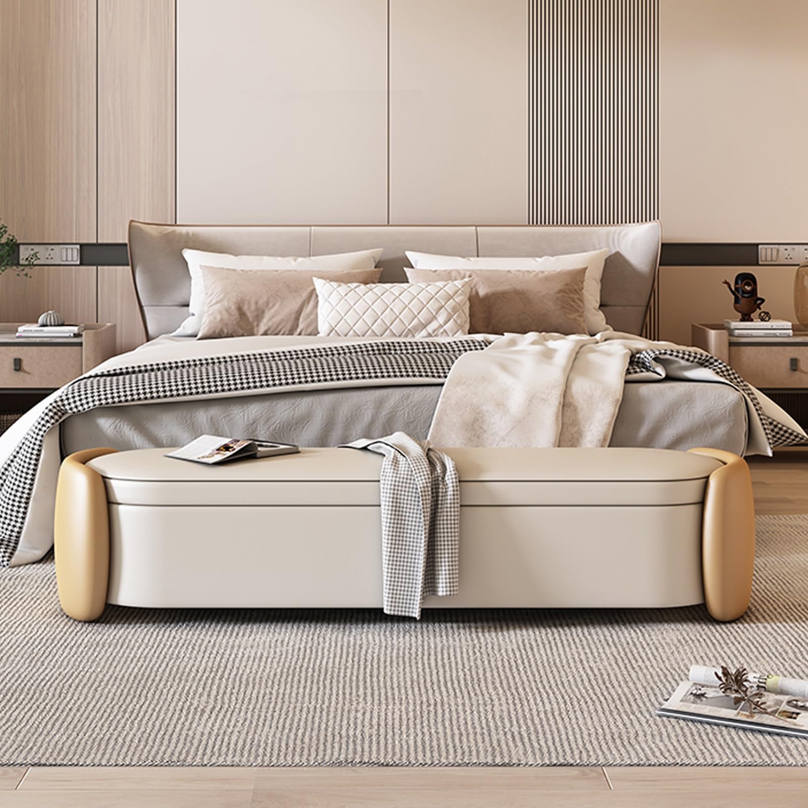 Banco redondo para entrada o dormitorio, baúl de juguete de 47 pulgadas y otomana, diseño marrón Slish y Bei, perfecto para el final de la cama o para nized Sto