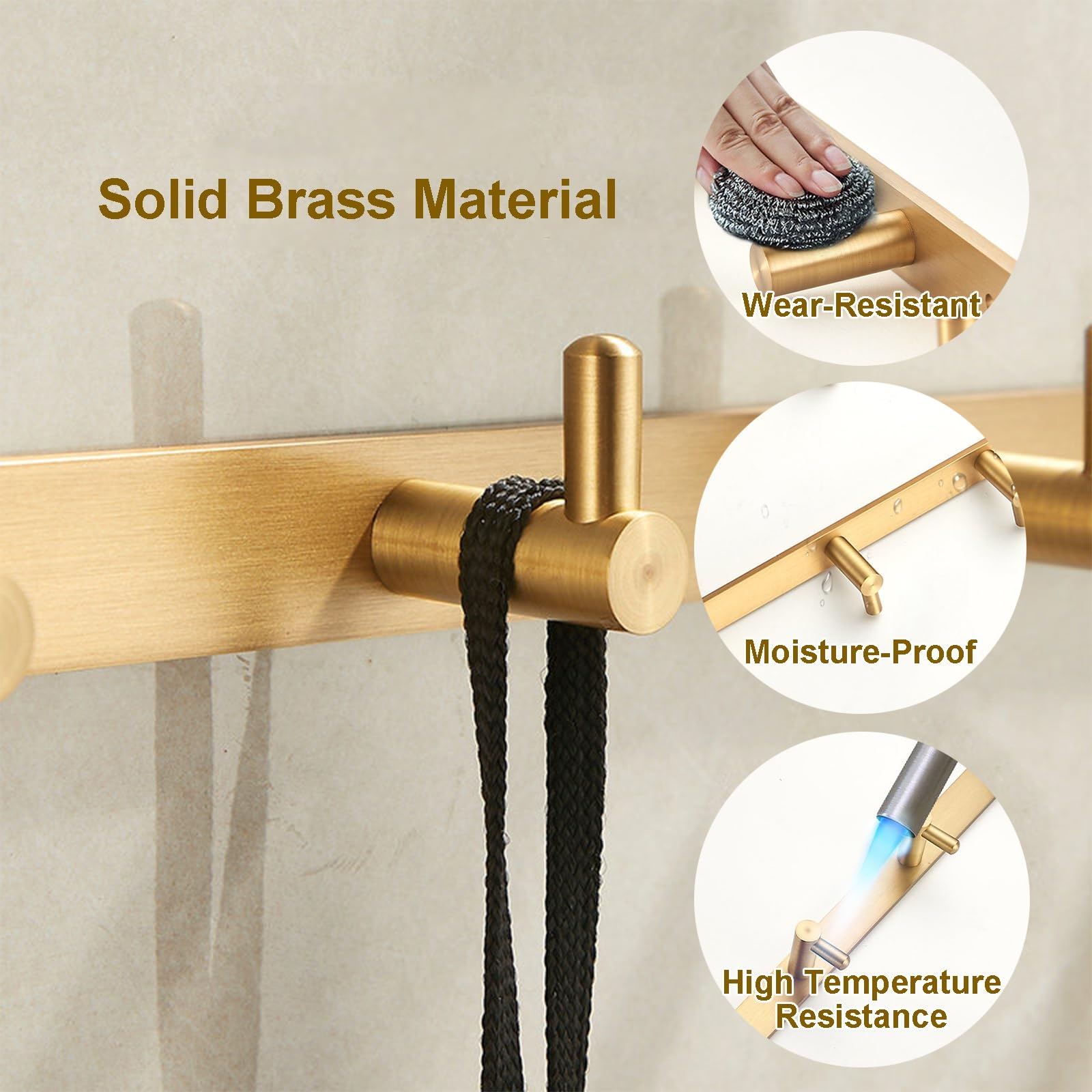 Ganchos de pared de latón macizo dorado cepillado para cocina, montaje en pared, utensilios de cocina, toallero, perchero para colgar en la entrada, baño (36 x 3,5 x 2 cm)
