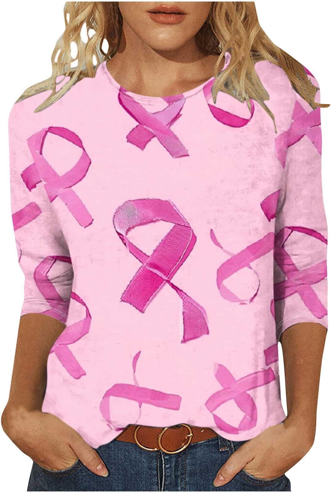 Breast Cancer Awareness Shirts for Women Slim fit 3/4 Sleeve Leopard Pink Ribbon Graphic tee Shirts Loose Blosue Tops