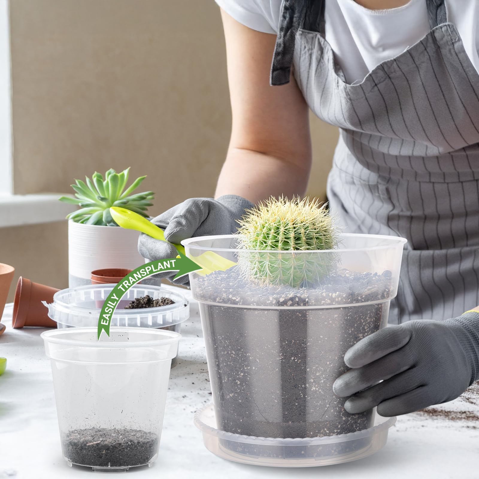 GREANER Lot de 10 grands pots transparents en plastique de 25,4 cm d'épaisseur avec trous de drainage, récipients décoratifs modernes pour intérieur et extérieur avec 10 étiquettes pour plantes