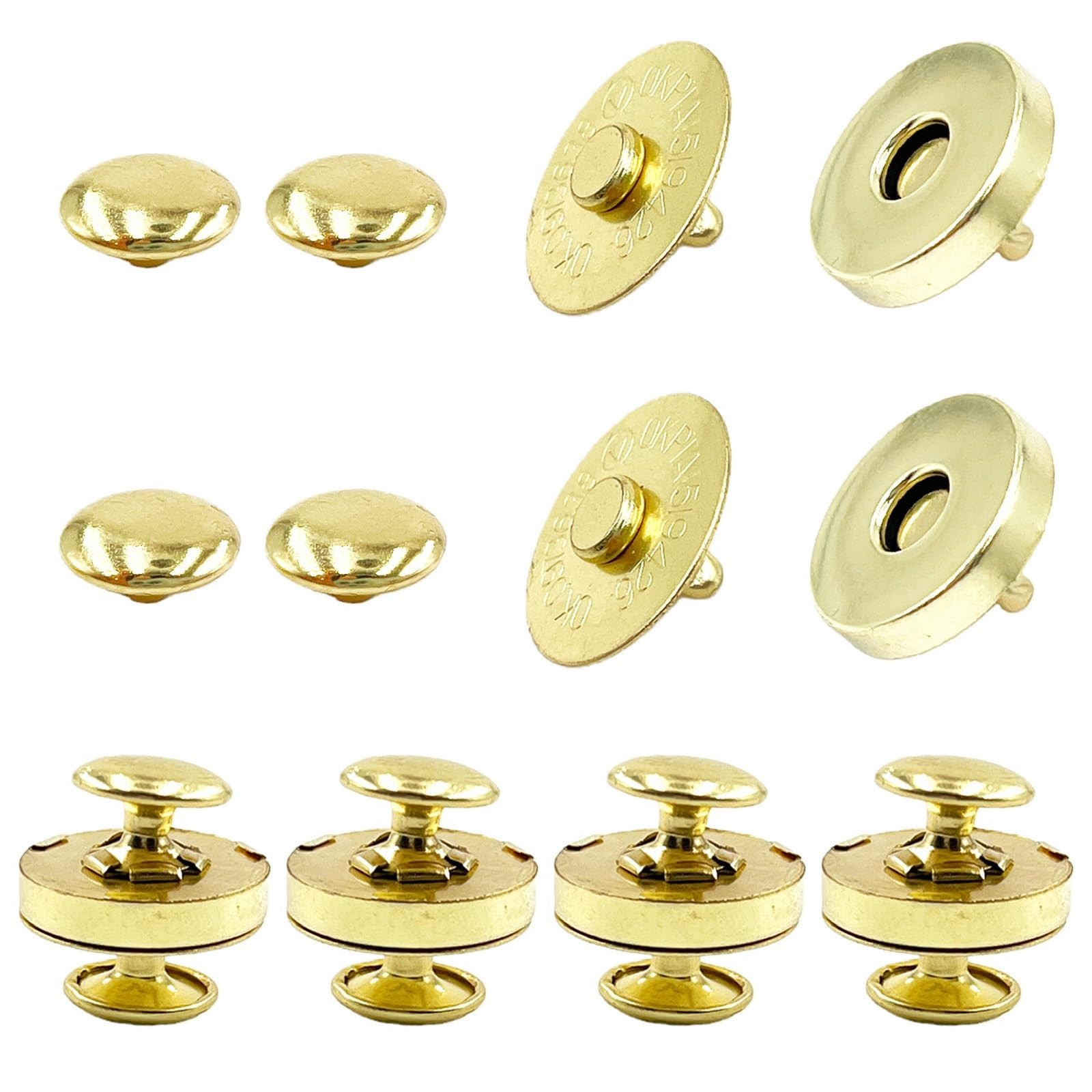 Magnetic Press Studs 10 Sets 14mm and 18mm Diameter Round Magnetic Snap, Strong Button Clasps Double-Sided Leather Snaps(18mm Gold)