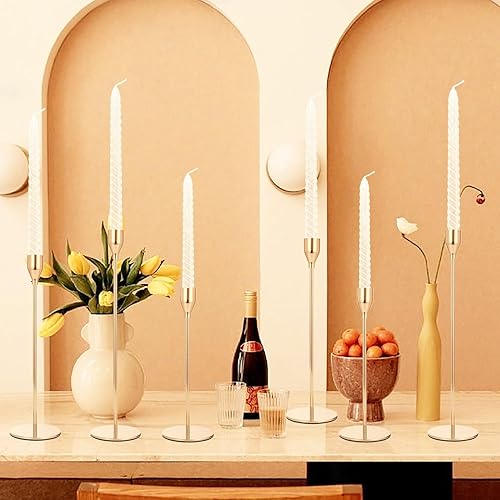 Miniatura 6 de Juego de 6 portavelas dorados, portavelas de metal alto para velas cónicas, portavelas largos decorativos para bodas, cenas, fiestas, aniversarios