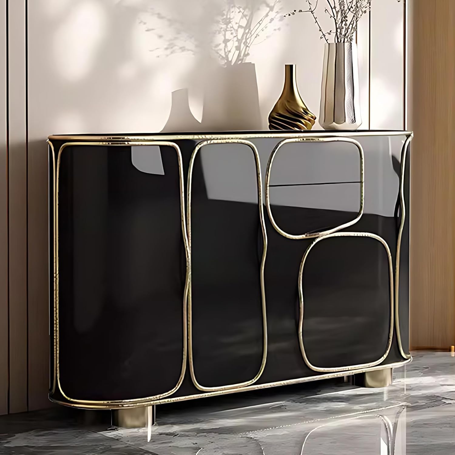 Sideboard Cabinet - Solid Wood Buffet Cabinet with 4 Doors and 2 Drawers, Luxury Buffets & Sideboards with Storage | Metal Legs, and Artistic Design (Black, 52")