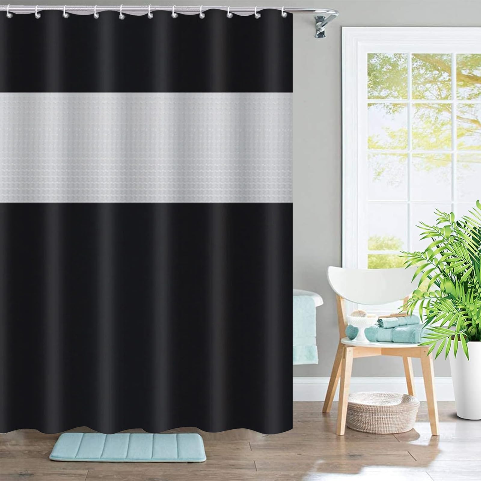 Whenzoo Black Shower Curtain, Mould Proof 180X180cm Spliced Peva Waterproof Bathroom Curtains With Hooks Water Repellant Fabric Bath Shower Curtain Home Decor
