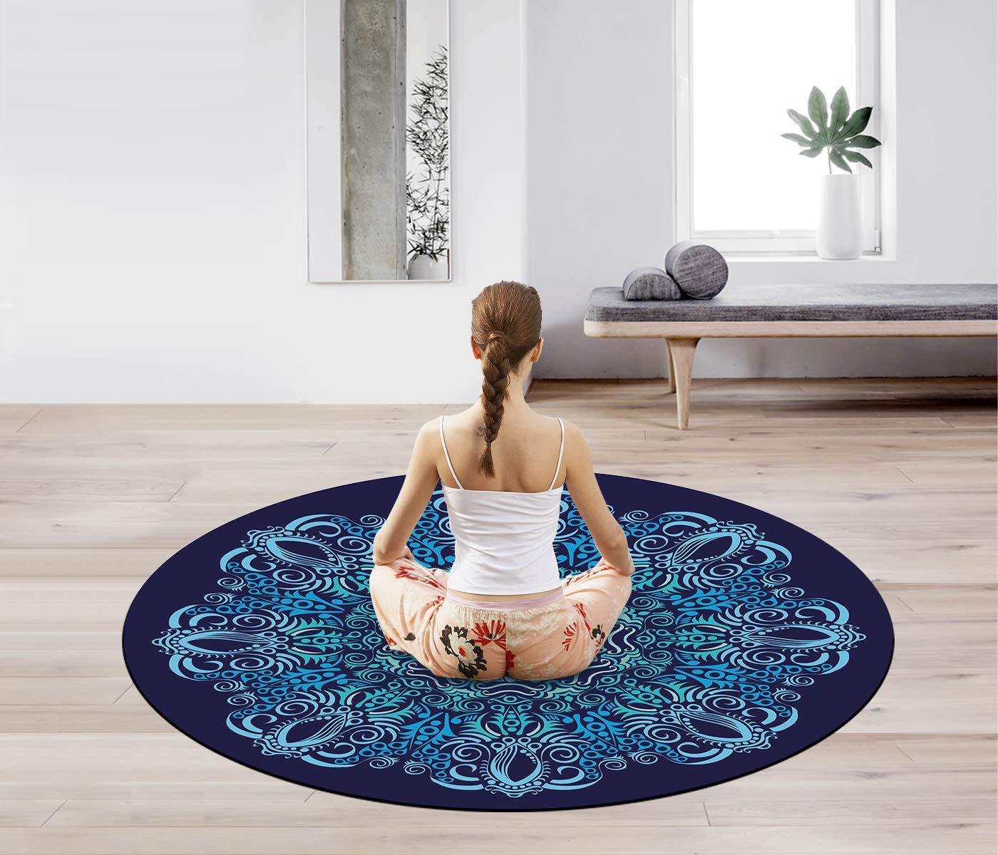 Pilates - Tappetino rotondo da yoga oversize in gomma scamosciata, antiscivolo, diametro 140 cm, tappetino da meditazione per allenamento per la casa all'aperto (blu)