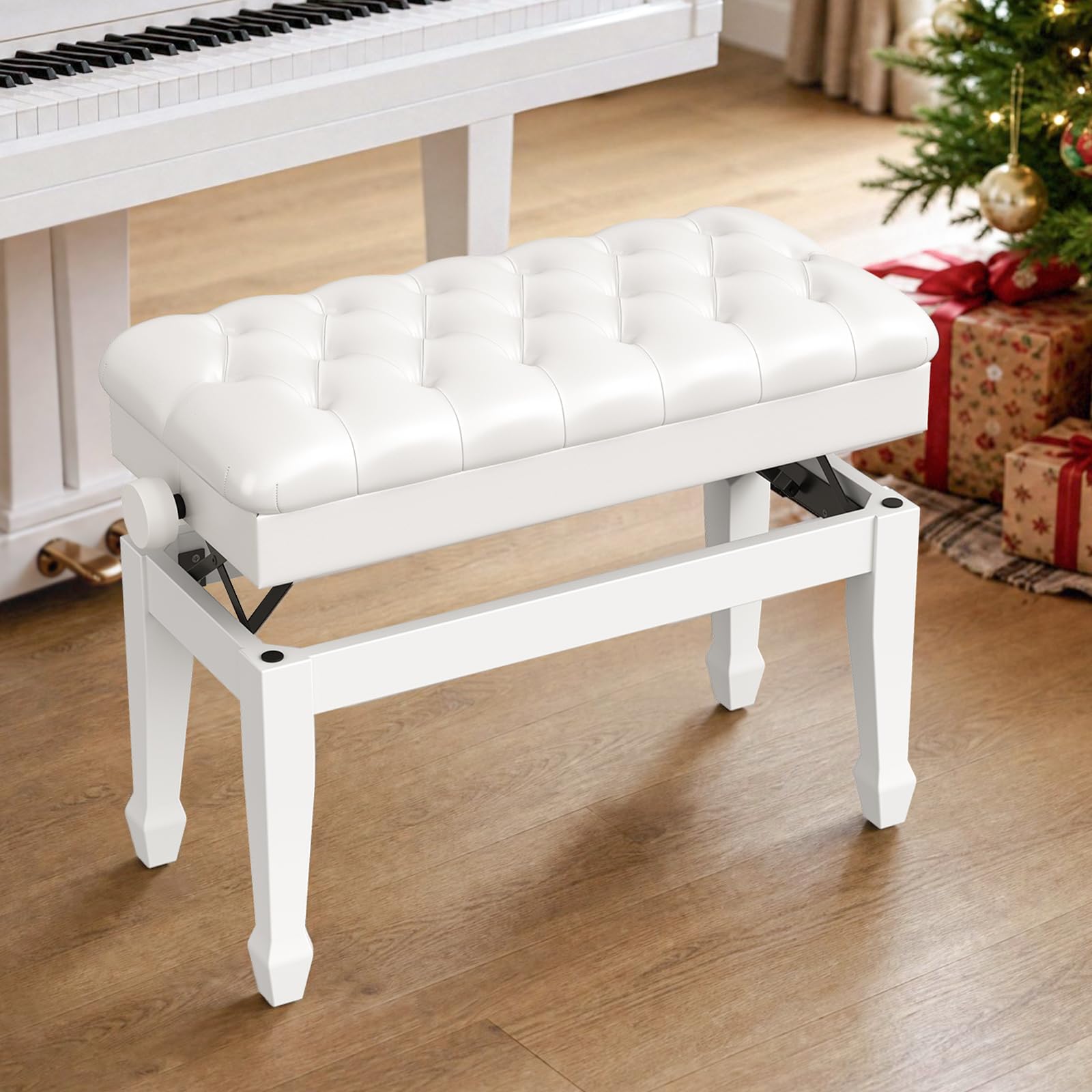 LIFERUN Doppelte Klavierbank 72 x 34 x 50 cm, Lange Klavierstuhl höhenverstellbar, Pianobank aus Verdickte PU Leder mit Stauraum, Robuste Klavierhocker aus massivem Holz mit gebogenen Beinen, Weiß