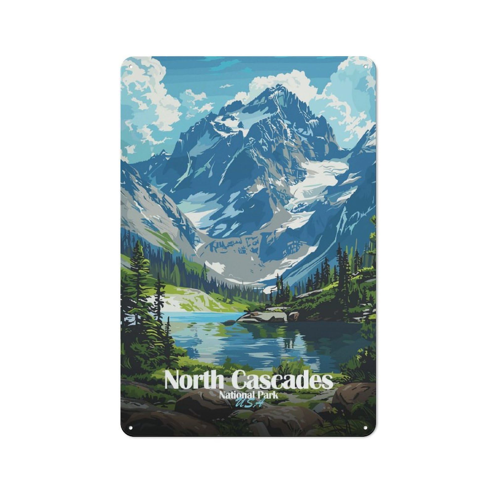 Junmoney Style-21 Vintage Tin Sign 30X20cm With North Cascades National Park Illustration For Living Room Or Hallway, For Vintage Wall Decor Fans, For Metal Sign Collectors
