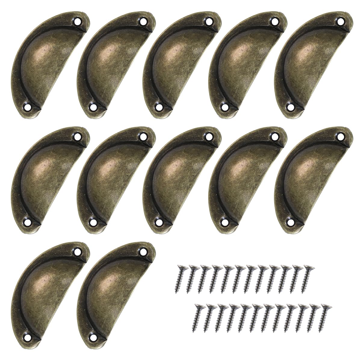 Set of 12 Antique Shell Handles, Vintage Bronze Cabinet Handles, Furniture Handles, Semicircle with Screws for Kitchen, Cabinet, Drawers and Apothecary Cabinet