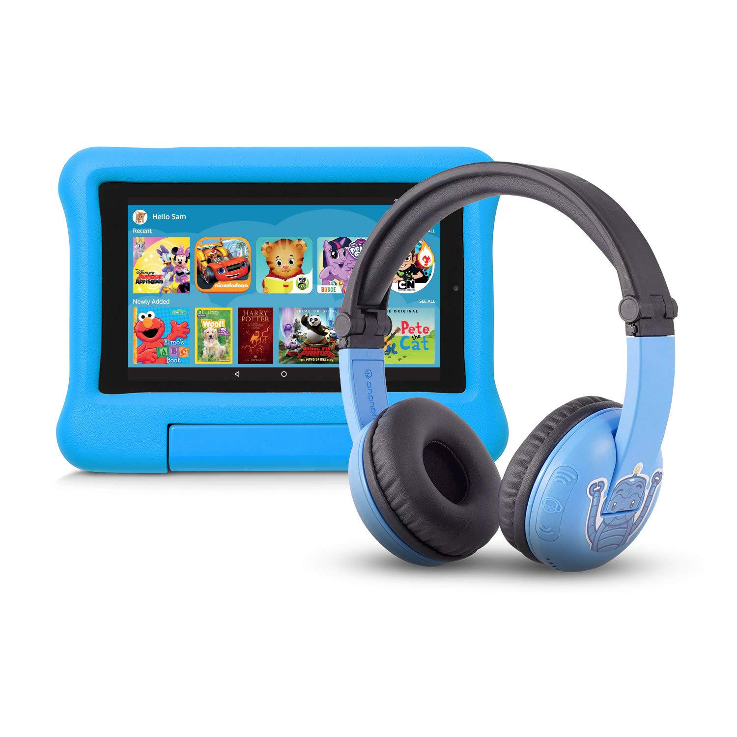 Fire 7 Kids Edition Tablet | 7" Display, 16 GB, Blue Kid-Proof Case + Made for Amazon Bluetooth BuddyPhones, PlayTime in Blue – Ages (3-7)