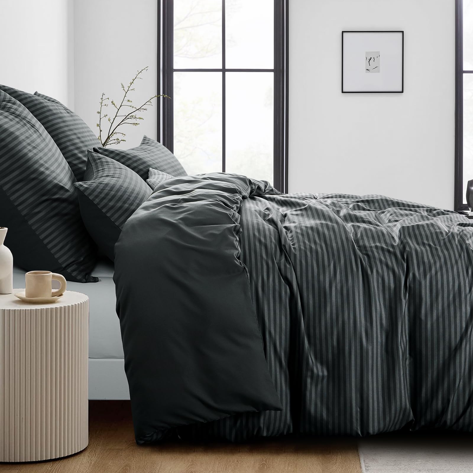 Aisbo Super King Bedding Duvet Cover Sets, 3 Pieces Striped Bedding Set Black and Grey - Image 3