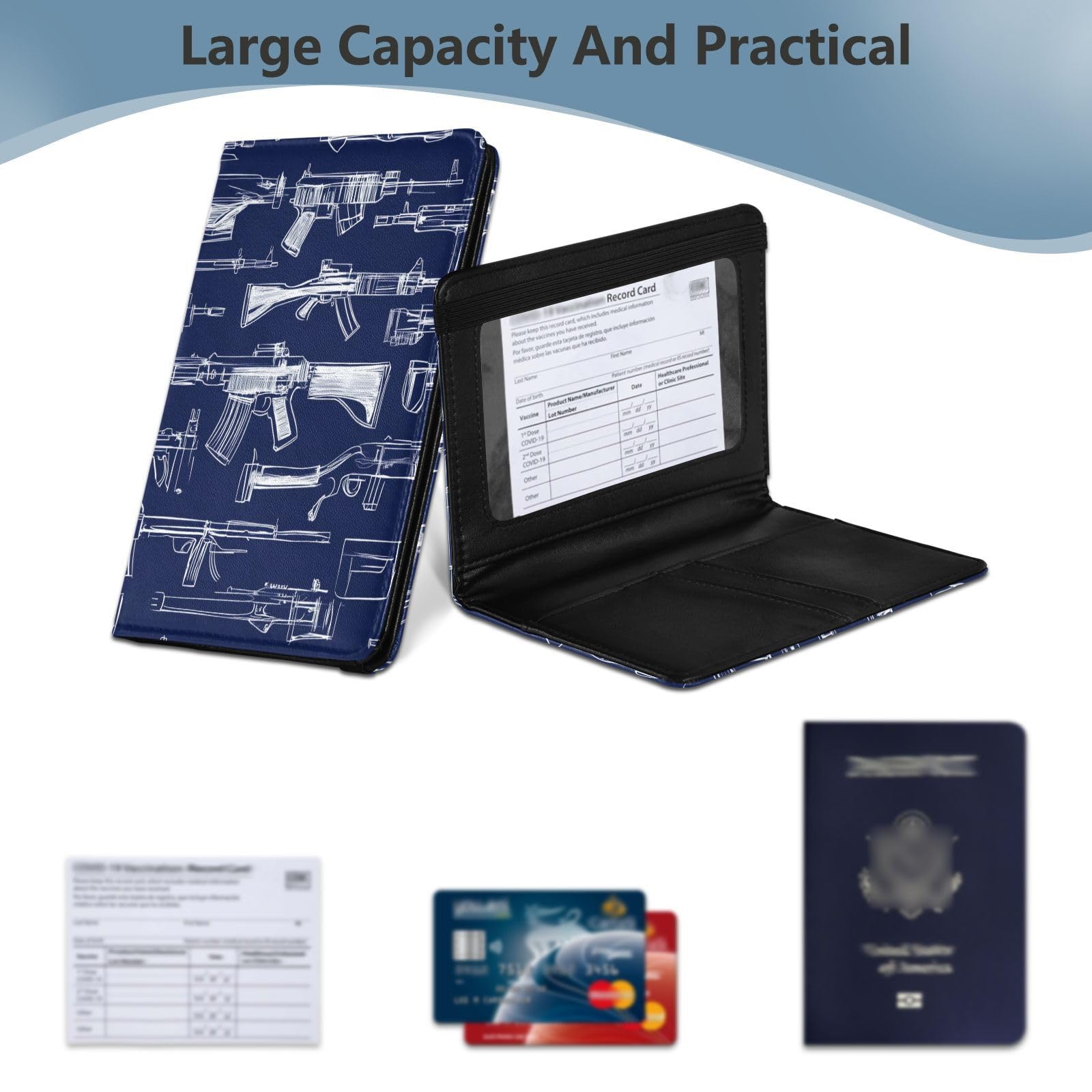 Custodia porta passaporto in pelle blu navy con motivo armi disegnate da linee bianche, porta passaporto, con scomparto per carte di vaccino, leggera