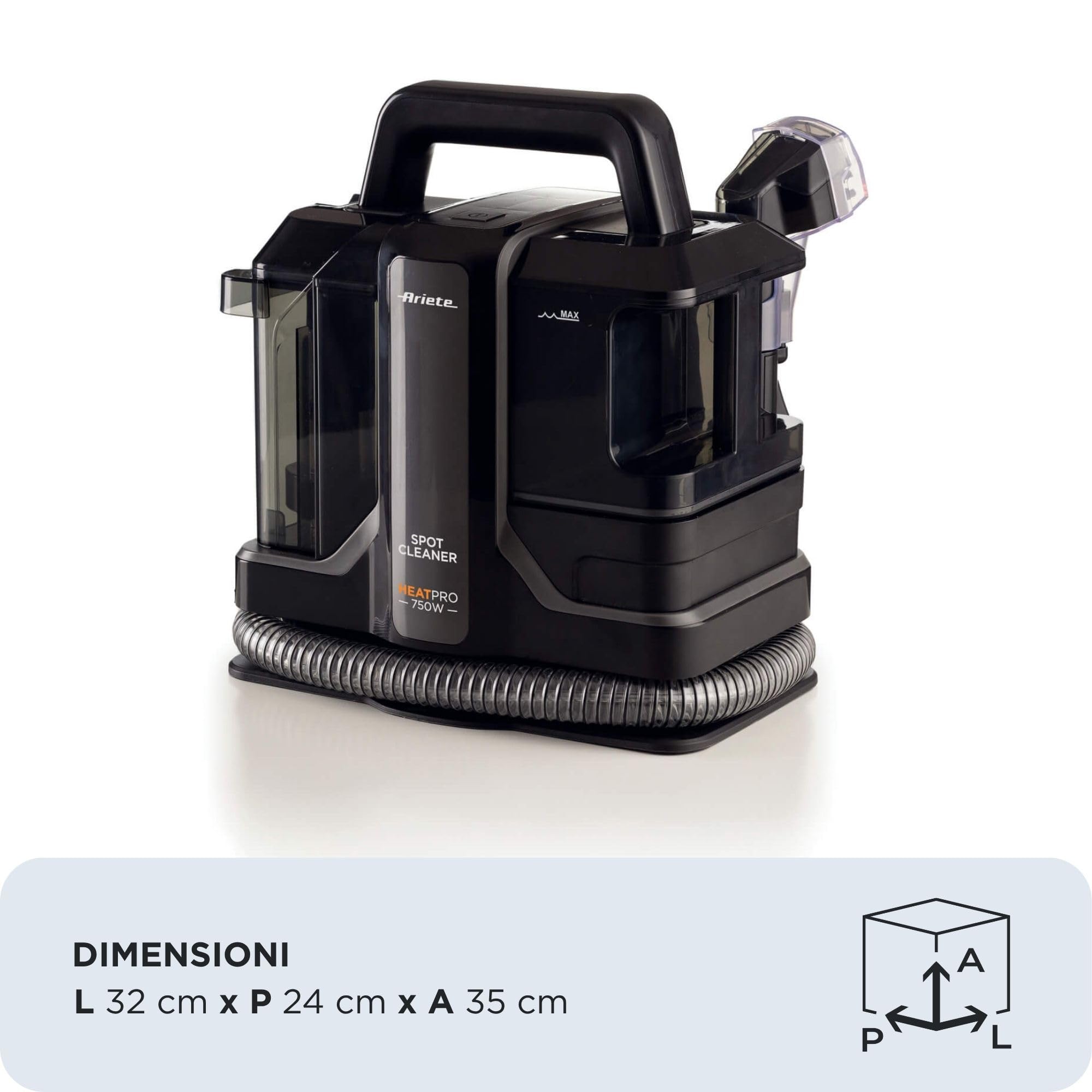 Ariete 2482 Spot Cleaner Heat Pro 750 W, limpiador para alfombras y tapicerías, mopa, 750 W, 2 depósitos, negro