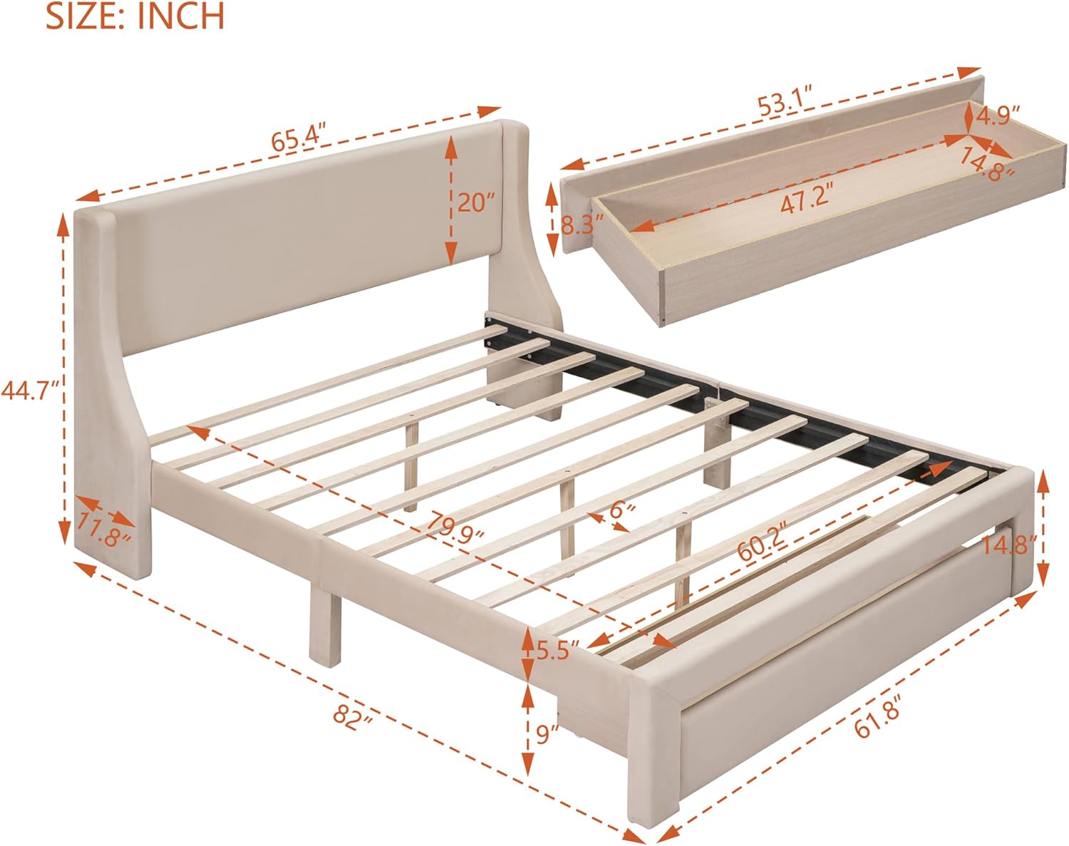 Queen Size Storage Bed Velvet Upholstered Platform Bed with A Big Drawer, Solid Wood Bed Frame for Bedroom, Easy Assembly (Beige@s)