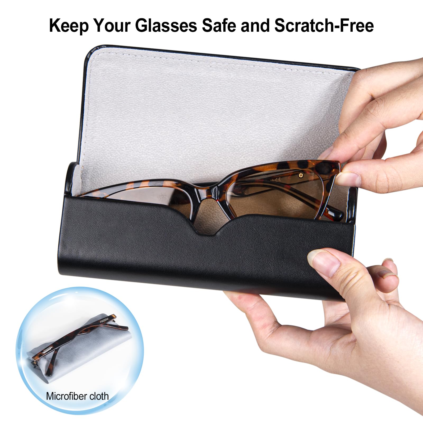 AkoaDa Etui na okulary Hardcase, wysokiej jakości skórzane pudełko na okulary w eleganckiej czerni, twarda obudowa ze ściereczką z mikrofibry, dla kobiet i mężczyzn, idealne do podróży i codziennego