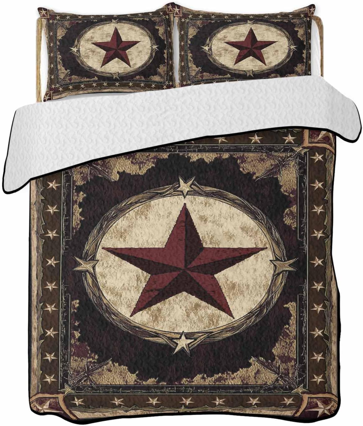 Western Stars Brown Summer Quilt Lightweight Comforter Full Size with Matching Throw Pillow Cover Cases,Farmhouse Country Vintage Wood Grain All Season Cooling Thin Duvet Bedding Sets 78x90