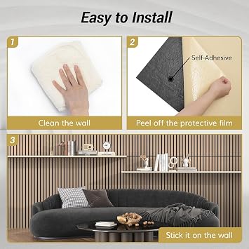 TONOR 4PCS Wood Slat Panels, 48 x 24Adhesive Acoustic Panels for Wall, Decorative 3D Fluted Panels for Sound Absorbing, Soundproof Panels with Wood Finish for Living Room, Dark Walnut