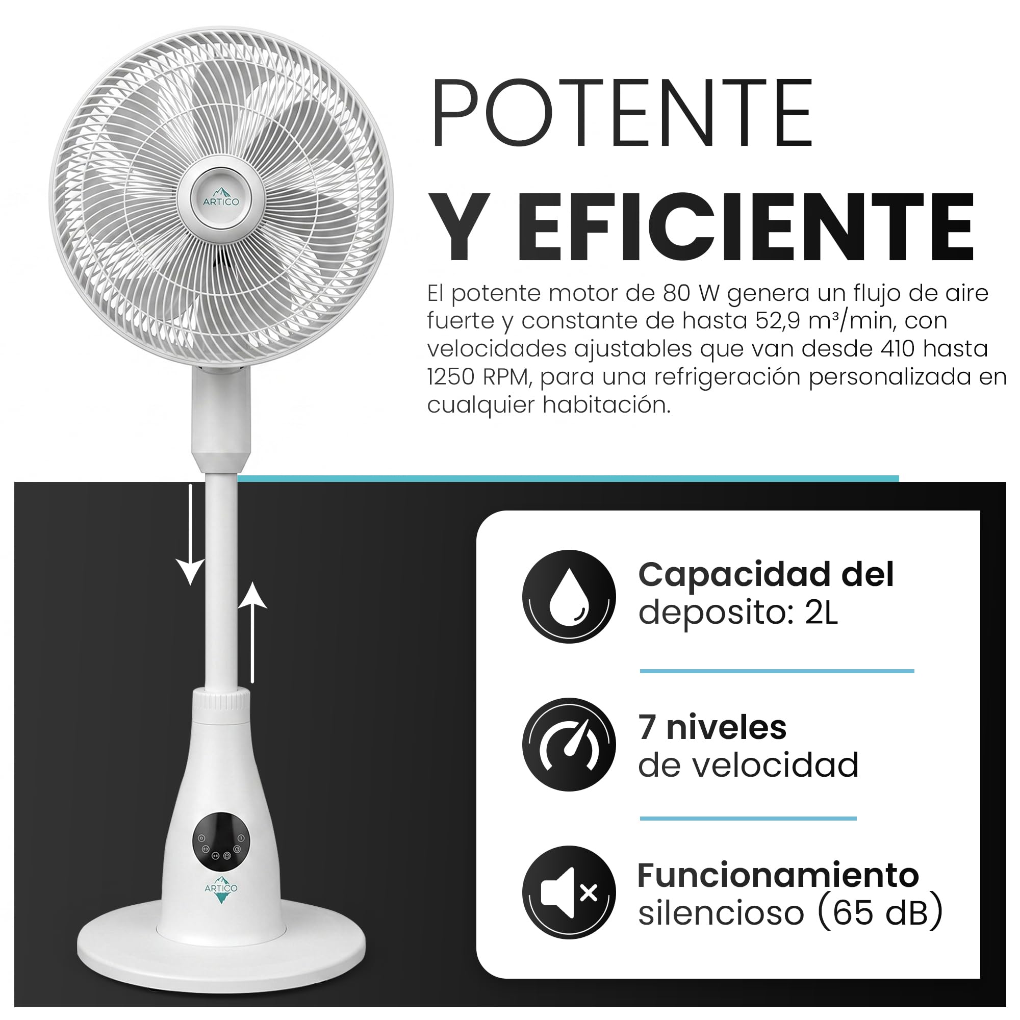 Sytech Ventilador de Pie con Nebulización de Agua ARTICO 80W-7 Velocidades, Depósito 2L, Temporizador 24h, Mando a Distancia, 8 Aspas