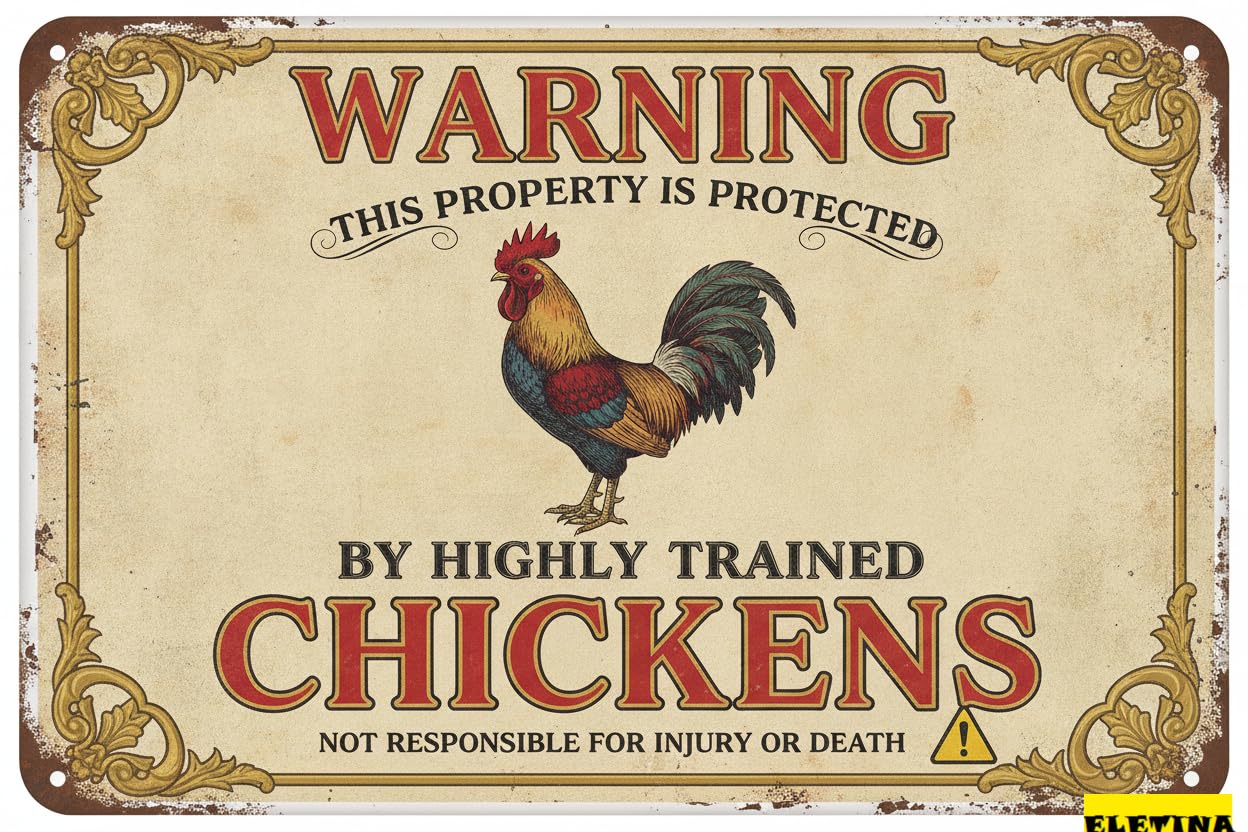 Tin Sign for Man Cave Warning This Property Is Protected By A Highly Trained Chicken Tin Brinks Security S Beware Of Yard 8x12in Private Decorative