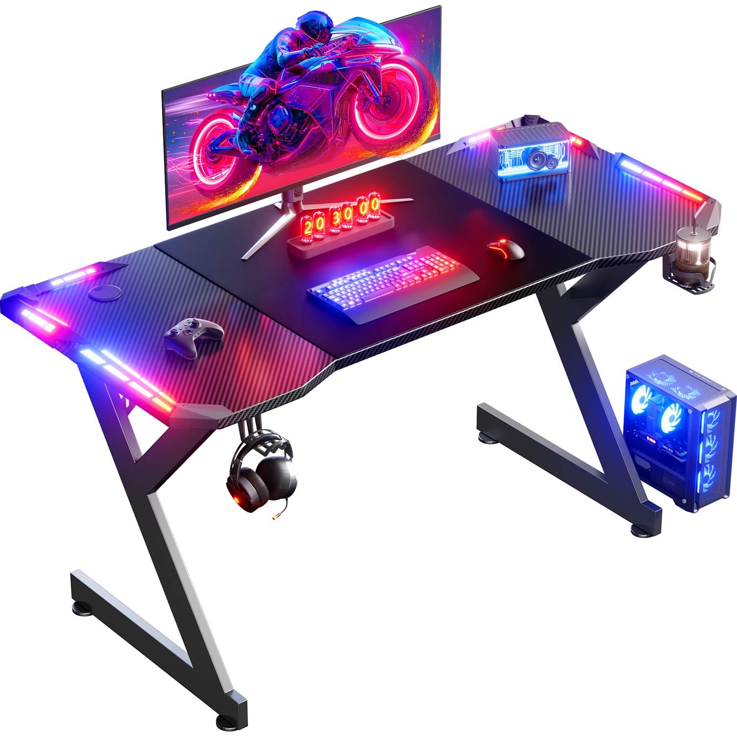 HLFURNIEU Scrivania Gaming LED 120 x 60 cm, Scrivania Gamer con Piano in Fibra di Carbonio, Postazione Gaming Ergonomico con Porta Bicchiere e Gancio per Casco, Tavolo Computer Nero