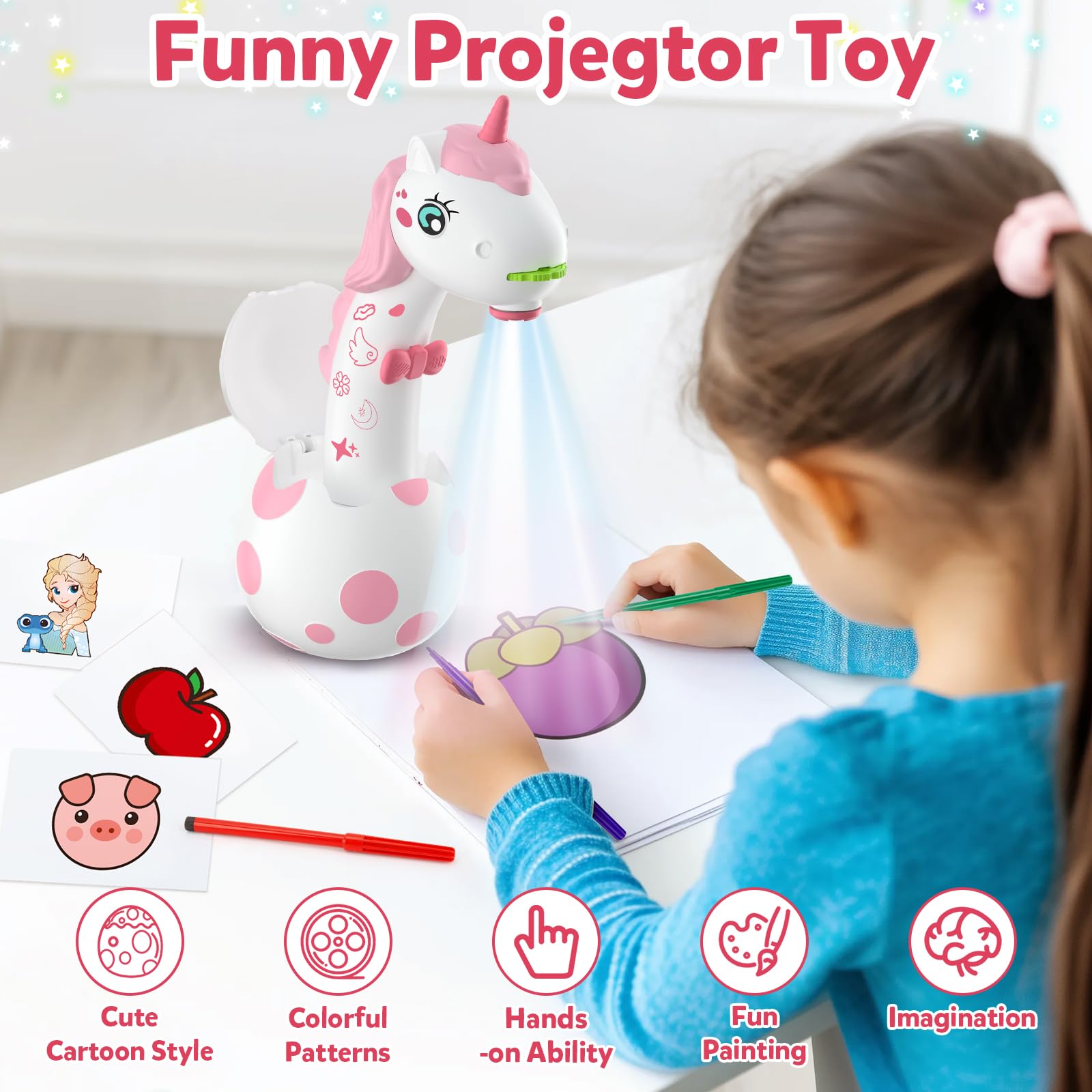 Proyector de dibujo de unicornio para edades de 5 a 7 años: proyector inteligente de dibujo y dibujo para niños con bonito aspecto de unicornio, 96 plantillas, juguetes para niños pequeños para 4