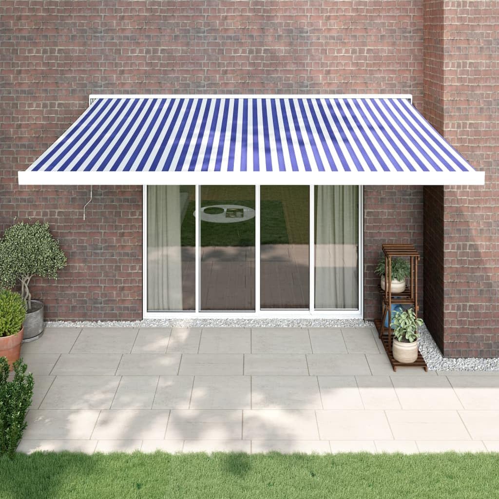 Markiza z ramieniem przegubowym do montażu na ścianie, odporna na działanie promieni UV, na balkon i taras, z aluminiową ramą, zwijana markiza tarasowa, 4 x 3 m, w kolorze niebieskim i białym jako