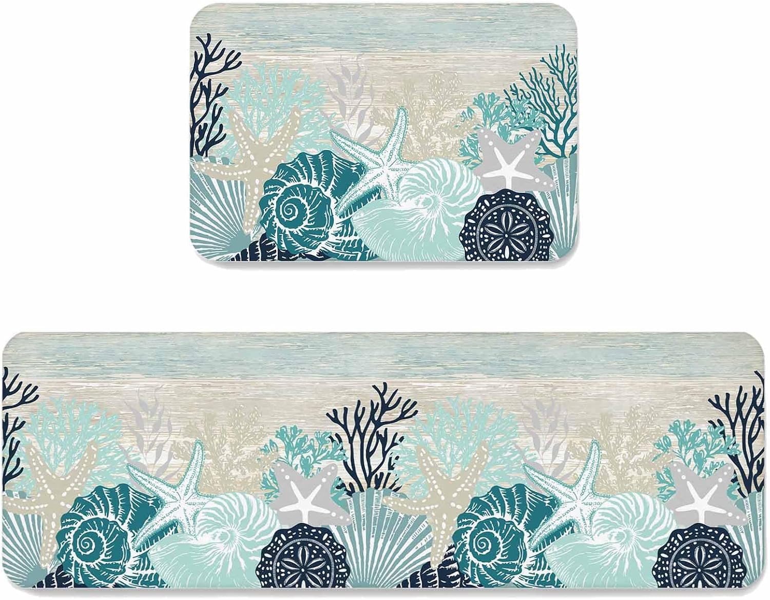 Summer Marine Life Kitchen Mats Set of 2 Ocean Teal Coral Coastal Starfish Blue Conch Retro Non Slip Mat Washable Floor Rug for Kitchen Sink Floor Laundry, 20"x24"+20"x48"