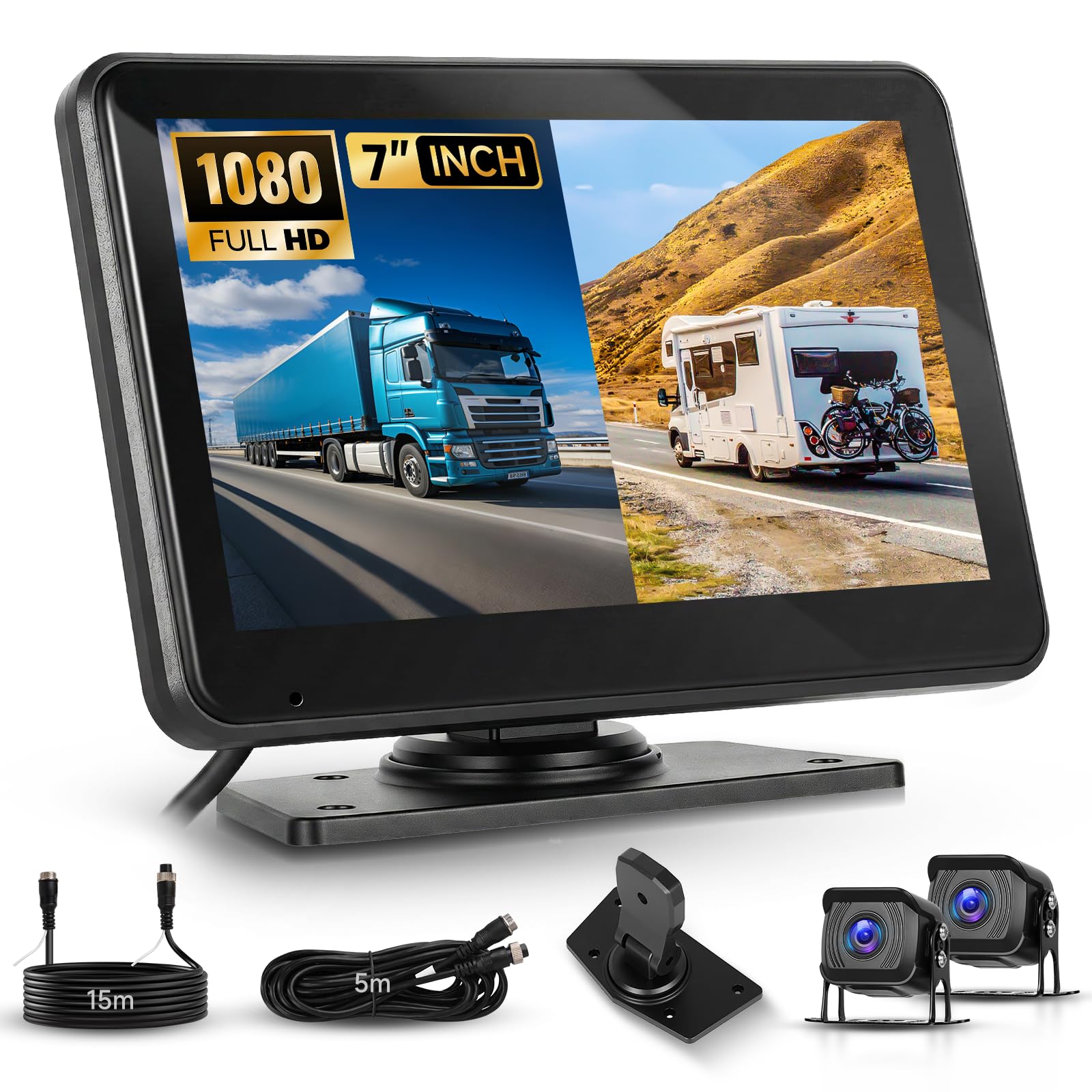 Kamera cofania 7" IPS HD 1080p kolorowy monitor i 2 kamery, kamera cofania z rejestratorem DVR, widoczność w nocy, ostrzeżenie o martwym kącie, USB/TF, wodoszczelna kamera do samochodów ciężarowych