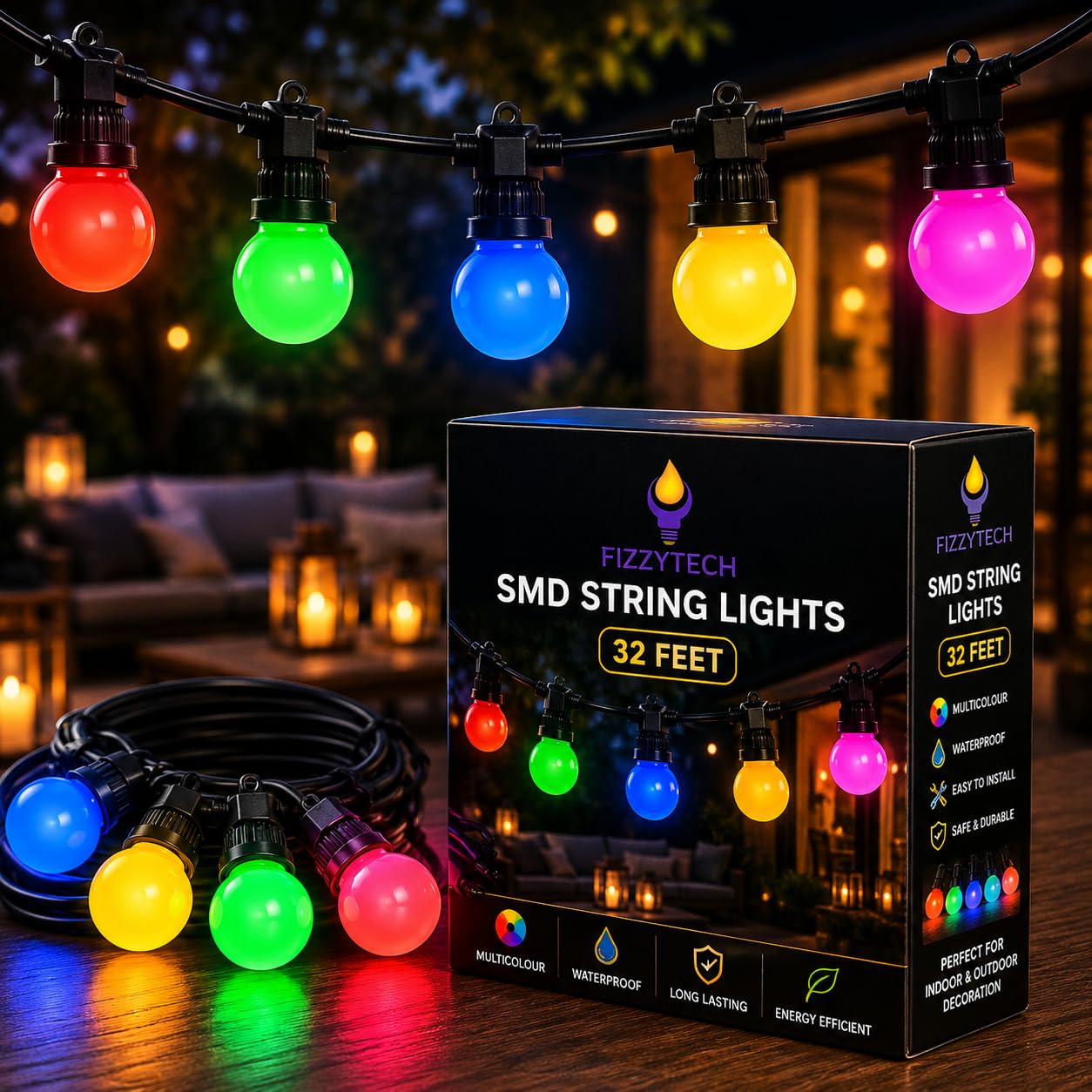 fizzytech Outdoor String Lights G50 Globe Ball, 10 Meter Multicolour Waterproof Patio Lights for Balcony, Backyard, Cafe, Party & Home Decoration - 20 LED