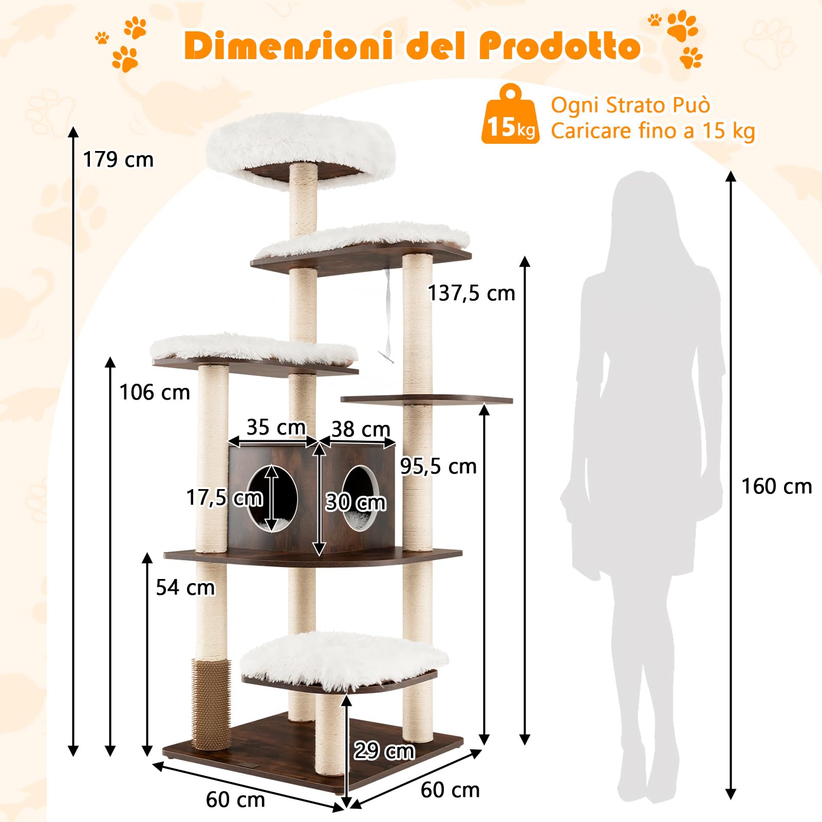 COSTWAY Tiragraffi per Gatti Adulti Con Cuccia, Piattaforma, Cuscini e Albero Alto in Legno - 60 x 60 x 160 cm