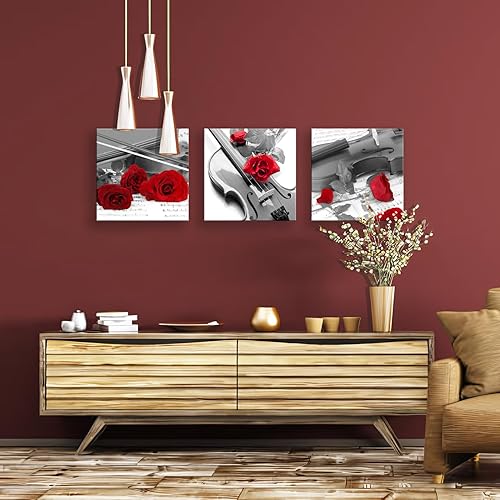 Miniatura 4 de NAN Wind 3 piezas de lienzo de 12 x 12 pulgadas, impresión de violín y rosa roja en blanco y negro moderno, giclée, estirado y enmarcado para