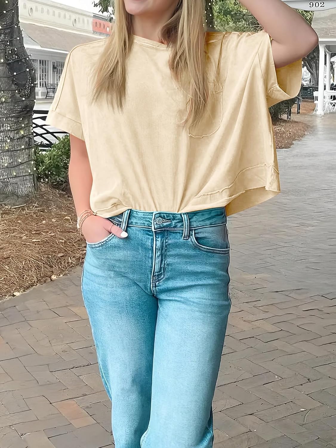 Cicy Bell Womens Summer Cropped T-Shirts Boxy Casual Short Sleeve Crew Neck Tops Acid Wash Cotton Loose Fit Tee Shirts Light Khaki - Image 6