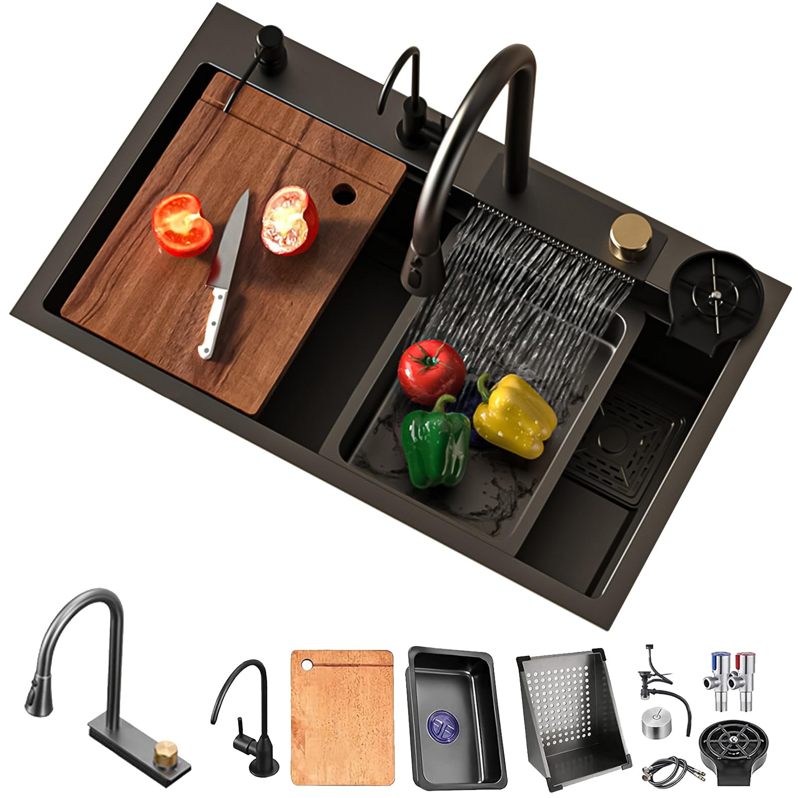 ZQFHSX 65 x 50 cm Black Kitchen Sink, 1 Basin, Multifunctional Waterfall Sink with Extendable High Pressure Tap, Complete Accessory Set, for the Workplace