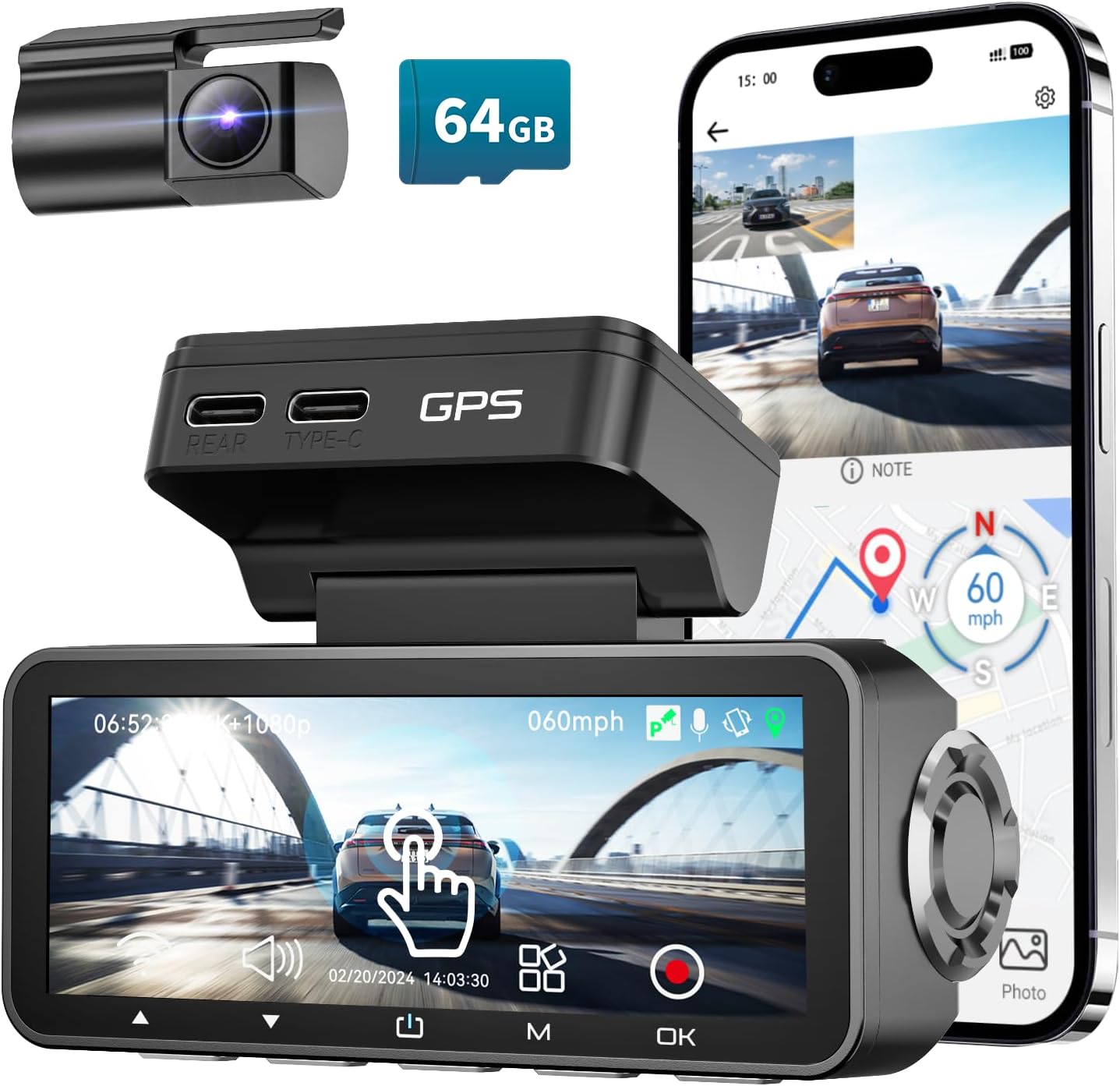 - Dash Cam Front Rear, IMX415 Sensor 4K 30fps/2K 60fps+1080p, Touch Screen Dash Camera for Car, Voice Control, Built-in GPS WiFi, HDR Night Vision, 64GB Card, 160° Wide Angle, 24H Parking Monitoring