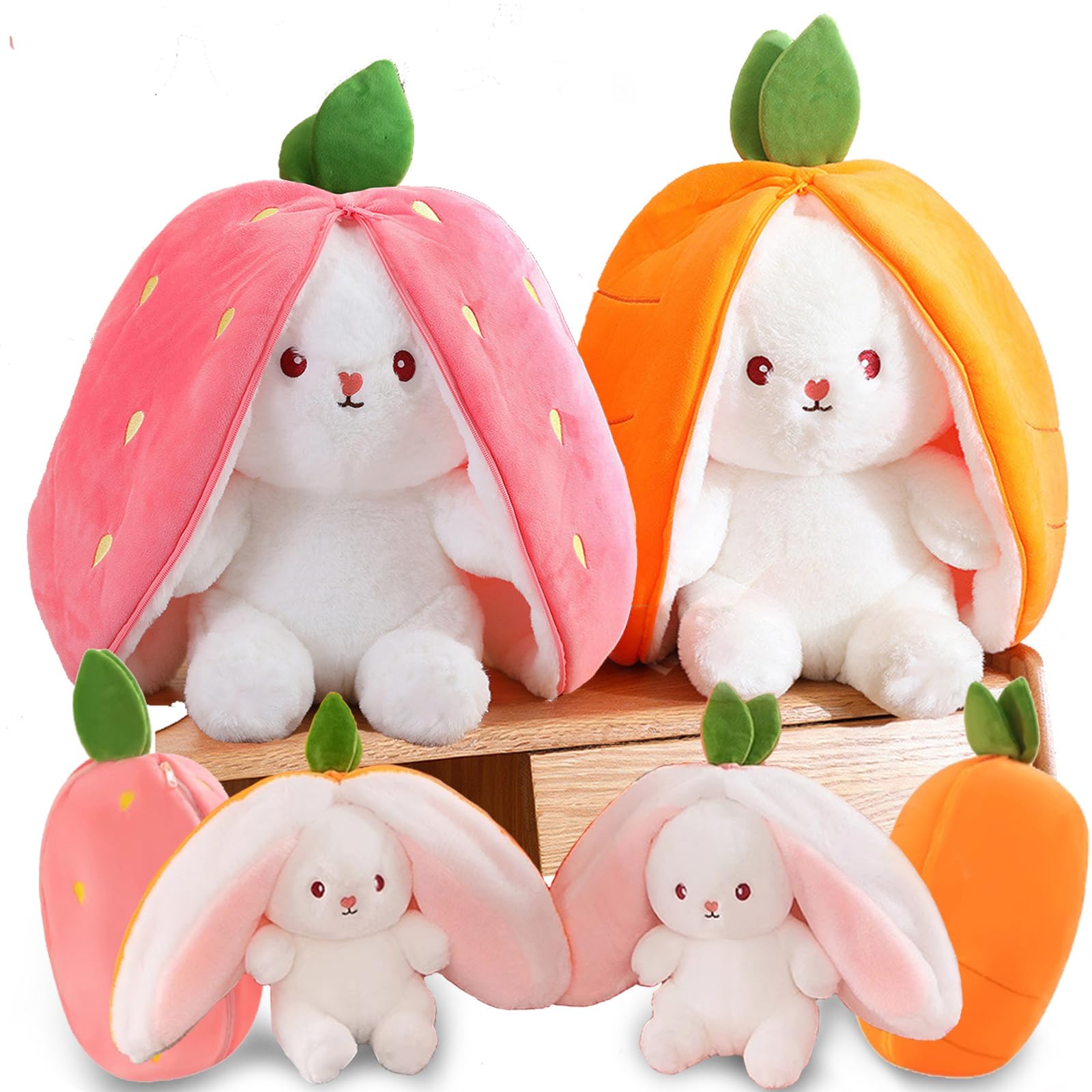 oeeo 2 Stück Hasen Verstecken,Osterhase Plüschtier, Erdbeerhasen Kissen Plüschtier 18cm mit Reißverschluss, Versteckspiel Ostergeschenk für Kinder, Jungen, Mädchen (Erdbeere)