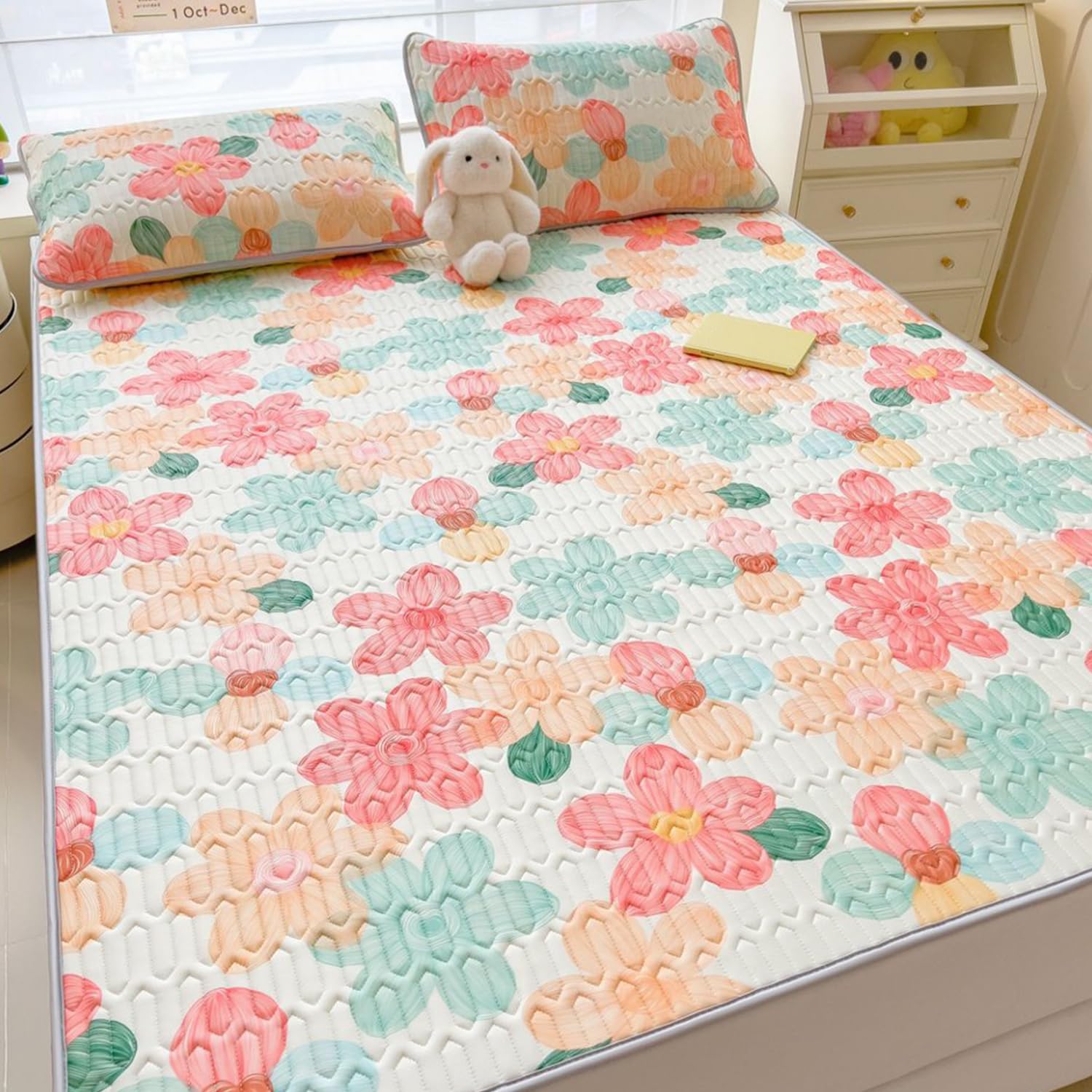 LDLCYCN ,F,150 * 200cm/QUEEN, Cooling Mattress Pad Cover with 4 Elastic Band Latex Quilted Mattress Cover