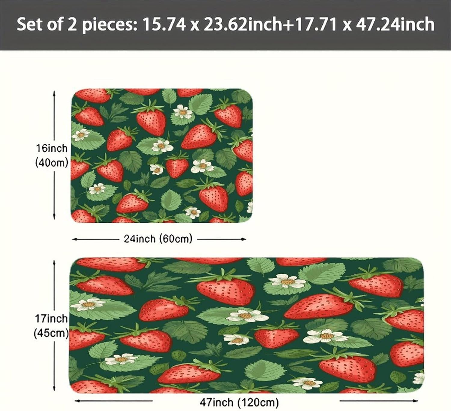 Fresh Strawberries and Leaves Kitchen Mats with 2PCS Non-Slip Washable,Kitchen Rug Heavy Duty Durable, Floor Mats for Kitchen,Office,Sink,Laundry