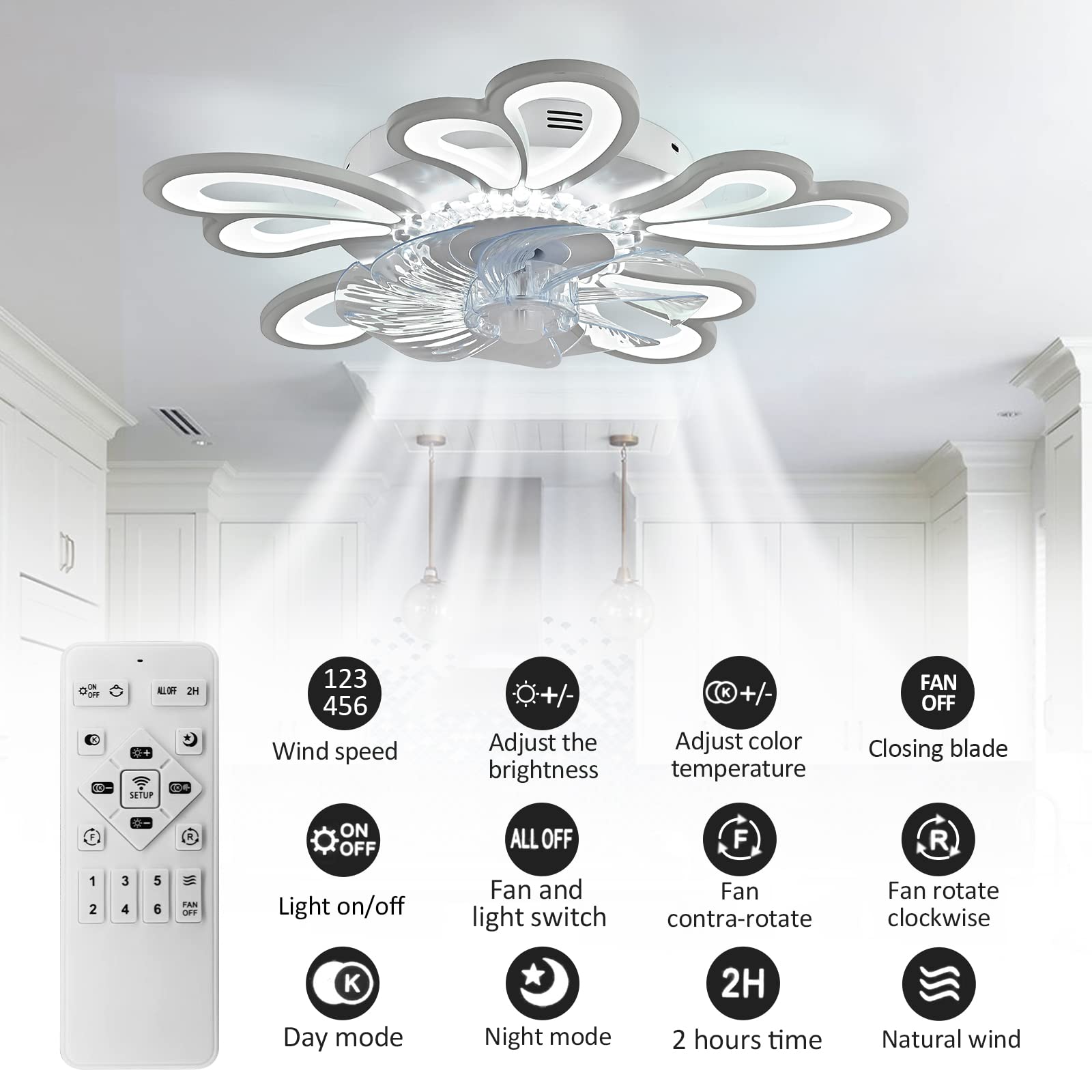 24 Inch Modern Ceiling Fan with Lights Remote Control, 6 Speed 3 Color Dimmable Ceiling Fan Lamp Silent Fandelier with Invisible Blades for Living Room Bedroom Home Decoration (Heart-shaped-B)