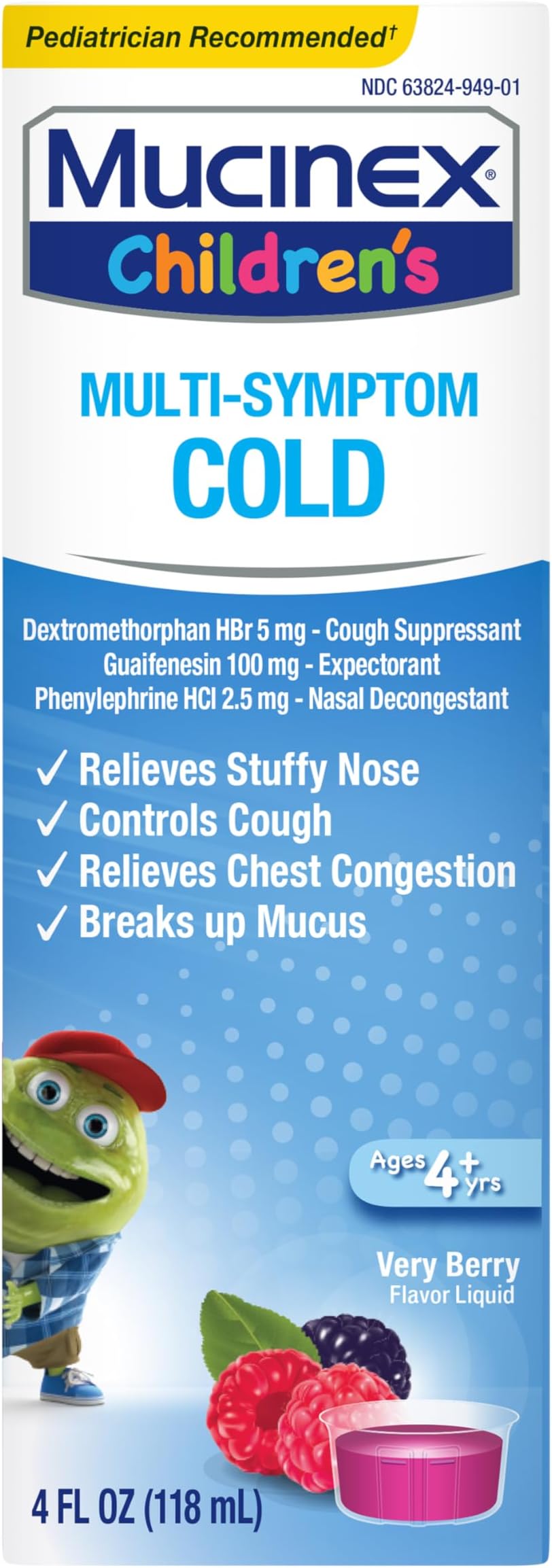 Children's Multi-Symptom Cold Medicine, Kids Cough Medicine, Mucinex Kids Medicine/Decongestant with Dextromethorphan HBr, Guaifenesin, Phenylephrine HCl, Very Berry Flavor Liquid, 4 Fl Oz