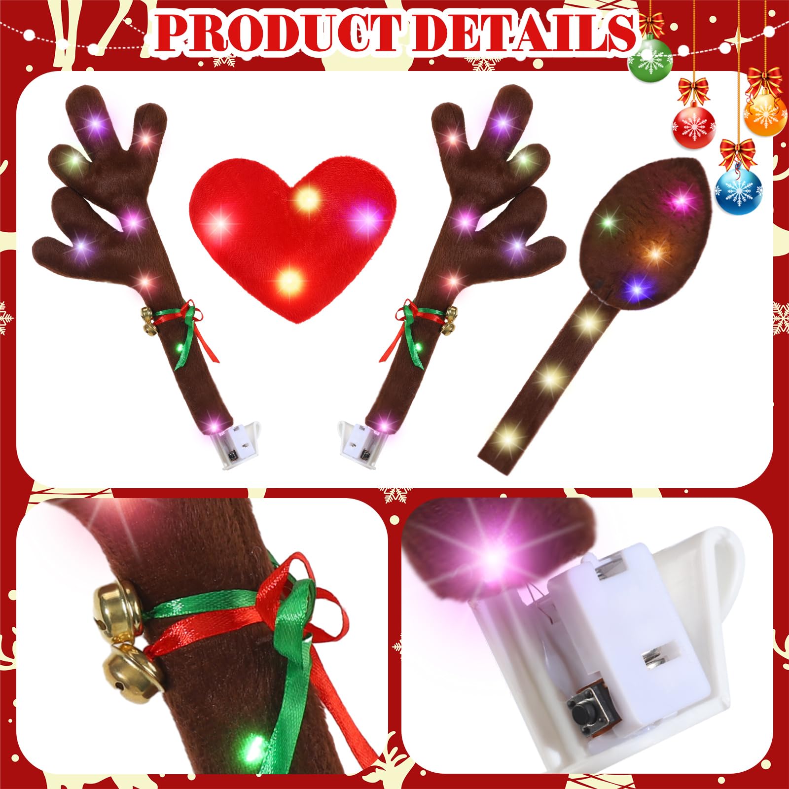 Datanly 34 Pcs Christmas Reindeer Antlers Car Kit Including Christmas Garland with Light String Antlers Nose Tail with LED Light Hanging Santa Legs Magnetic Decals Headrest Cover for Car Truck