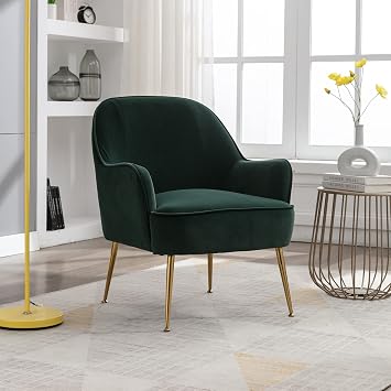 Modern Ergonomics Soft Velvet Fabric Material Armchair Accent Chair with Gold Legs, Coffee Table Side Chair Comfy Upholstered Arm Chair for Indoor Home Living Room Bedroom Dark Green