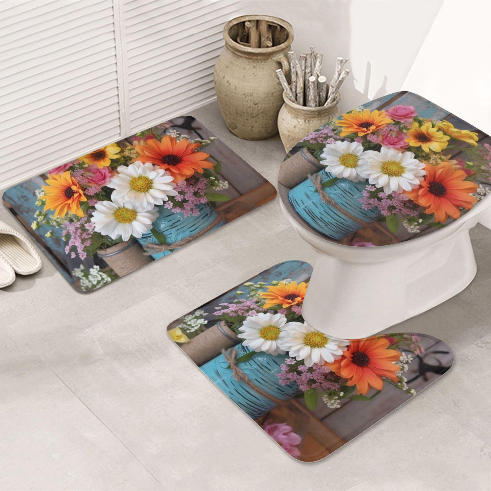 Tapis de bain fleurs fraîches lot de 3 avec contour et housse WC