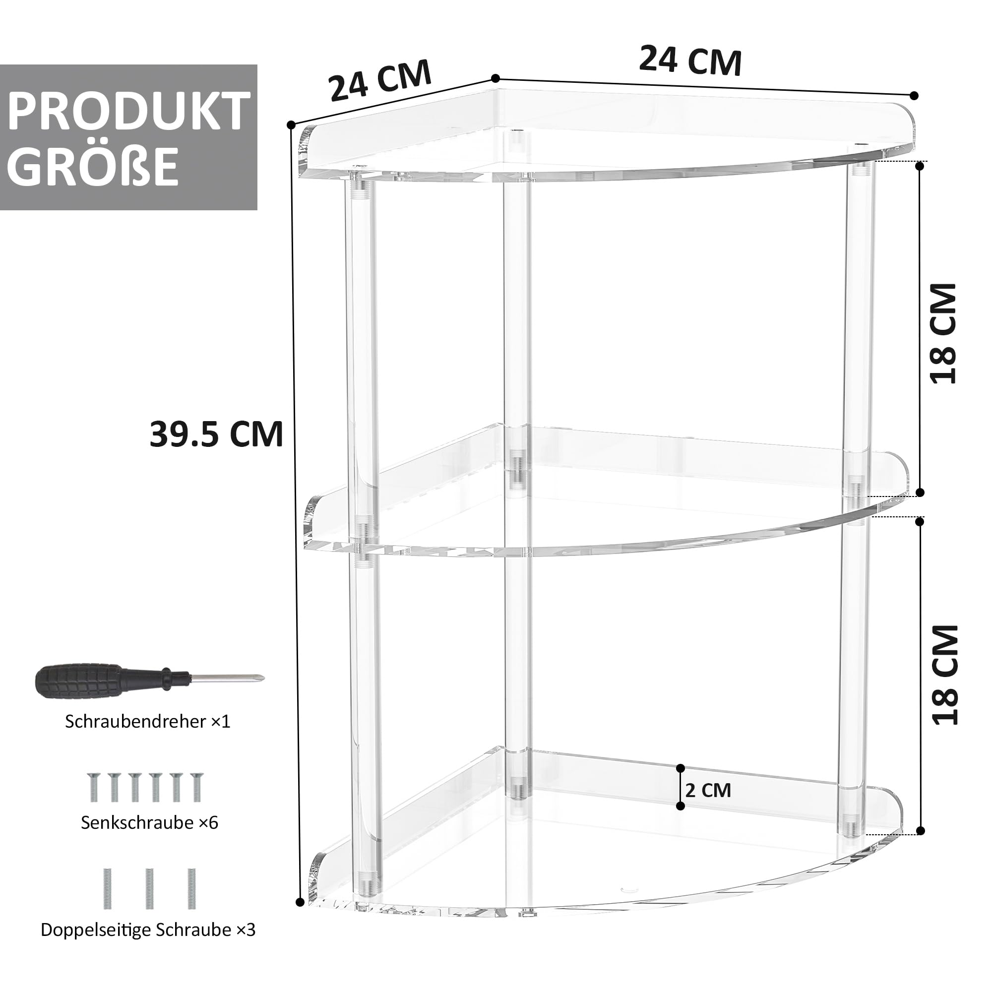 Sezanrpt 3-poziomowy akrylowy organizer narożny do przechowywania, 24 x 24 x 40 cm, przezroczysty regał narożny na blat do łazienki, kuchni, sypialni, biura, gabinetu
