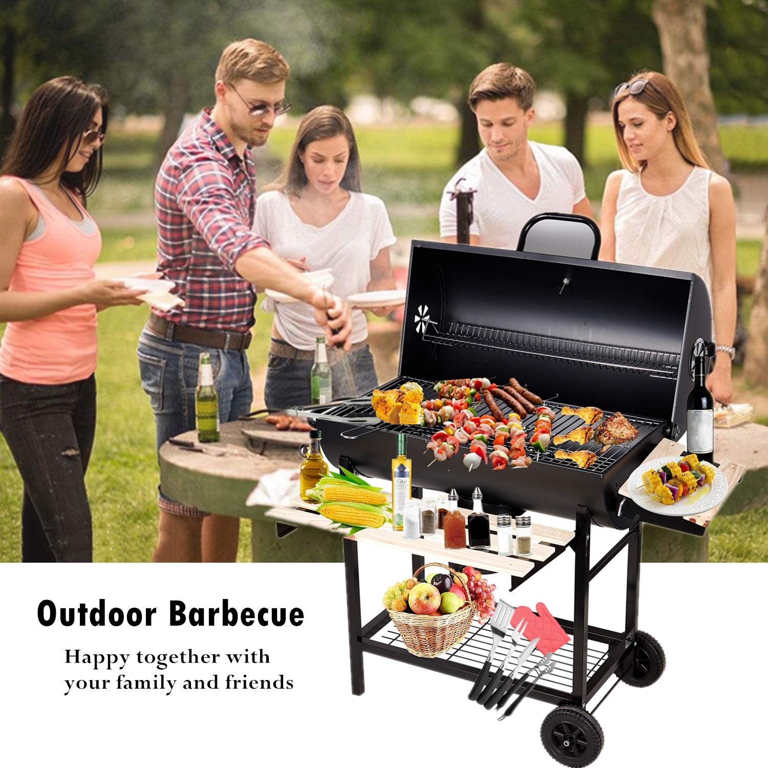 Barbacoas de Carbón Parrilla con Ruedas para Jardín Exterior BBQ con Soportes Facil Movimiento, con 2 Estantes de Madera Plegable para Almacenar Comidas, 101×70.5×94.5CM