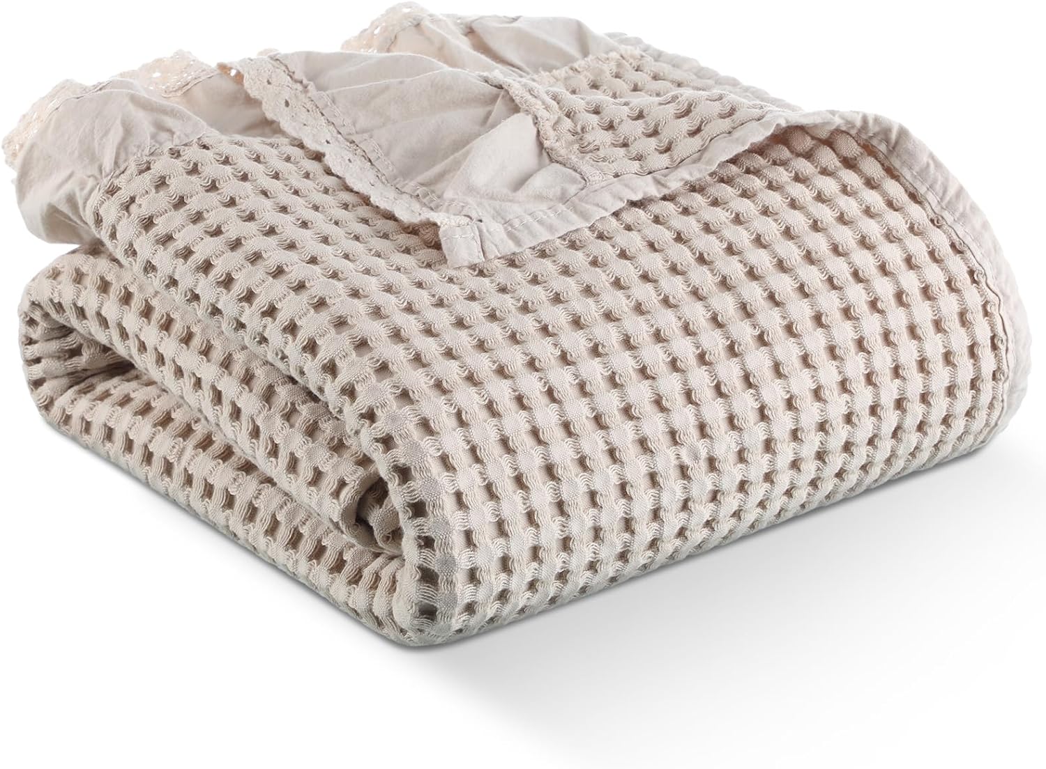 Tegeme Waffle Weave Blanket 43" x 63" 100% Cotton Neutral Boho Farmhouse Woven Knitted Beige Throw with Ruffles Warm Soft Cozy Throw Blanket Decorative Breathable for Couch Bed Sofa