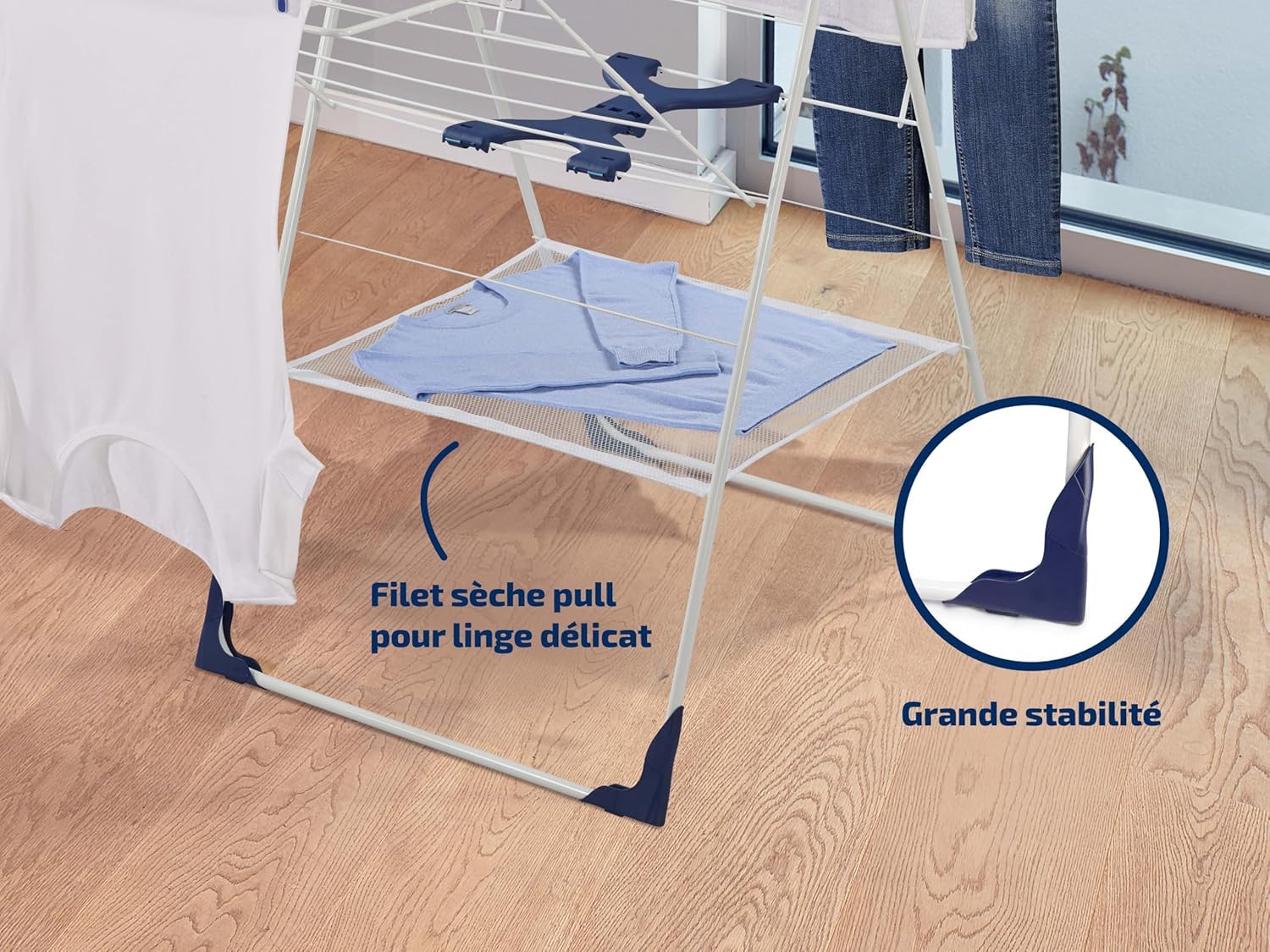Leifheit Séchoir sur pied Classic 250 Flex, étendoir avec filet à linge, tancarville pliable et résistant aux intempéries, longueur d'étendage de 25 m
