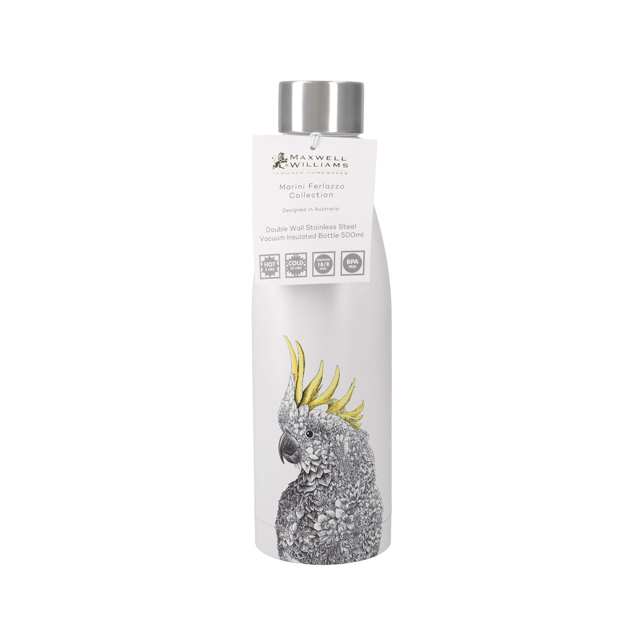 Maxwell & Williams Marini Ferlazzo Botella aislante para agua con diseño de cacatúa sulfúrea, acero inoxidable de doble pared, blanca, 5 ml