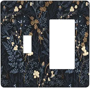Decorative Outlet Covers Rustic Navy Dark Blue Leaves Golden Floral 2 Gang Outlet Cover Wall Plate Single Toggle Rocker Light Switch Cover Plate Switch Plate Covers for Bedroom Decor