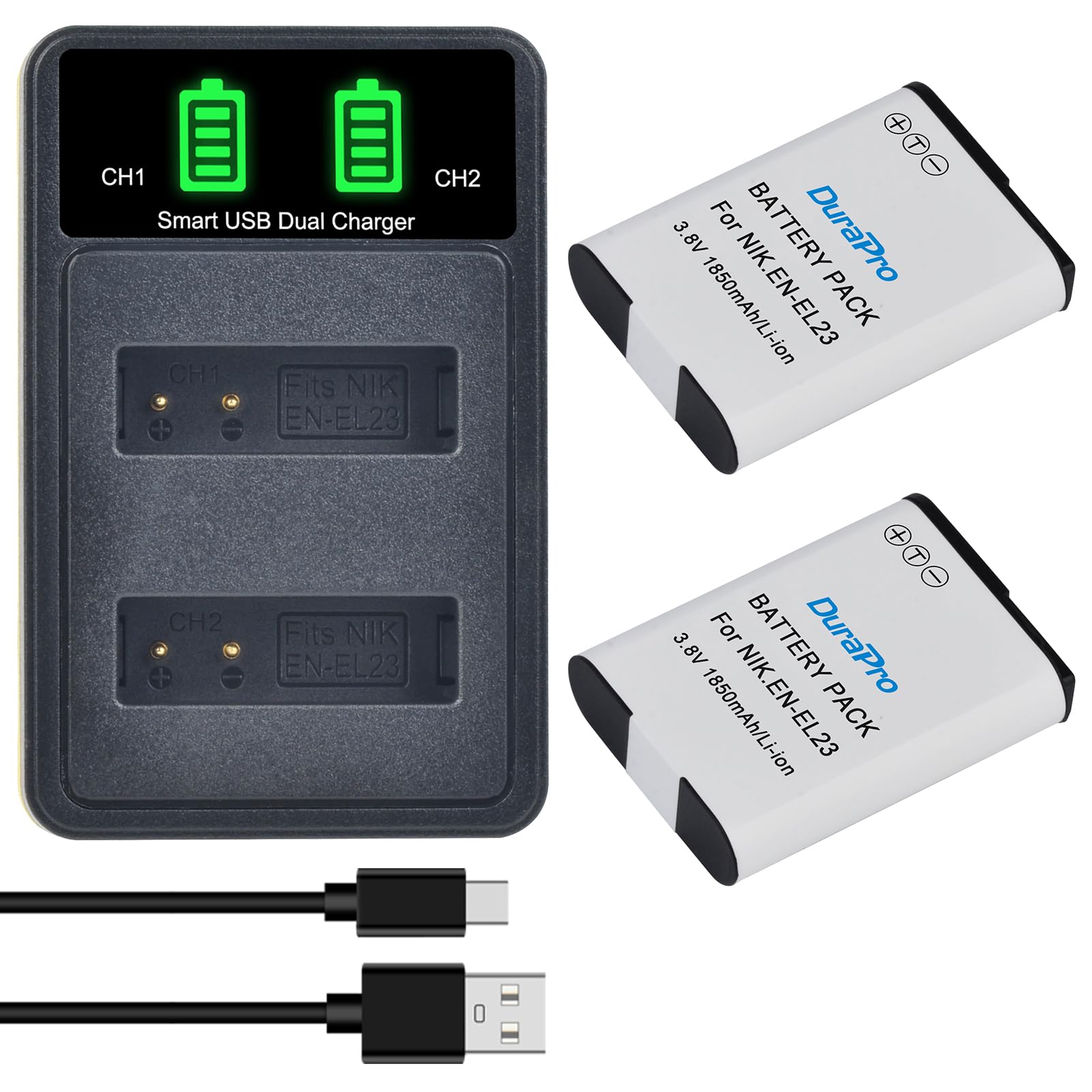 DuraPro 2Pcs 1850mAh EN-EL23 EN EL23 Battery + Dual USB Charger for Nikon Coolpix P600 COOLPIX S810c P610 P900 P610s B700 P900s Cameras